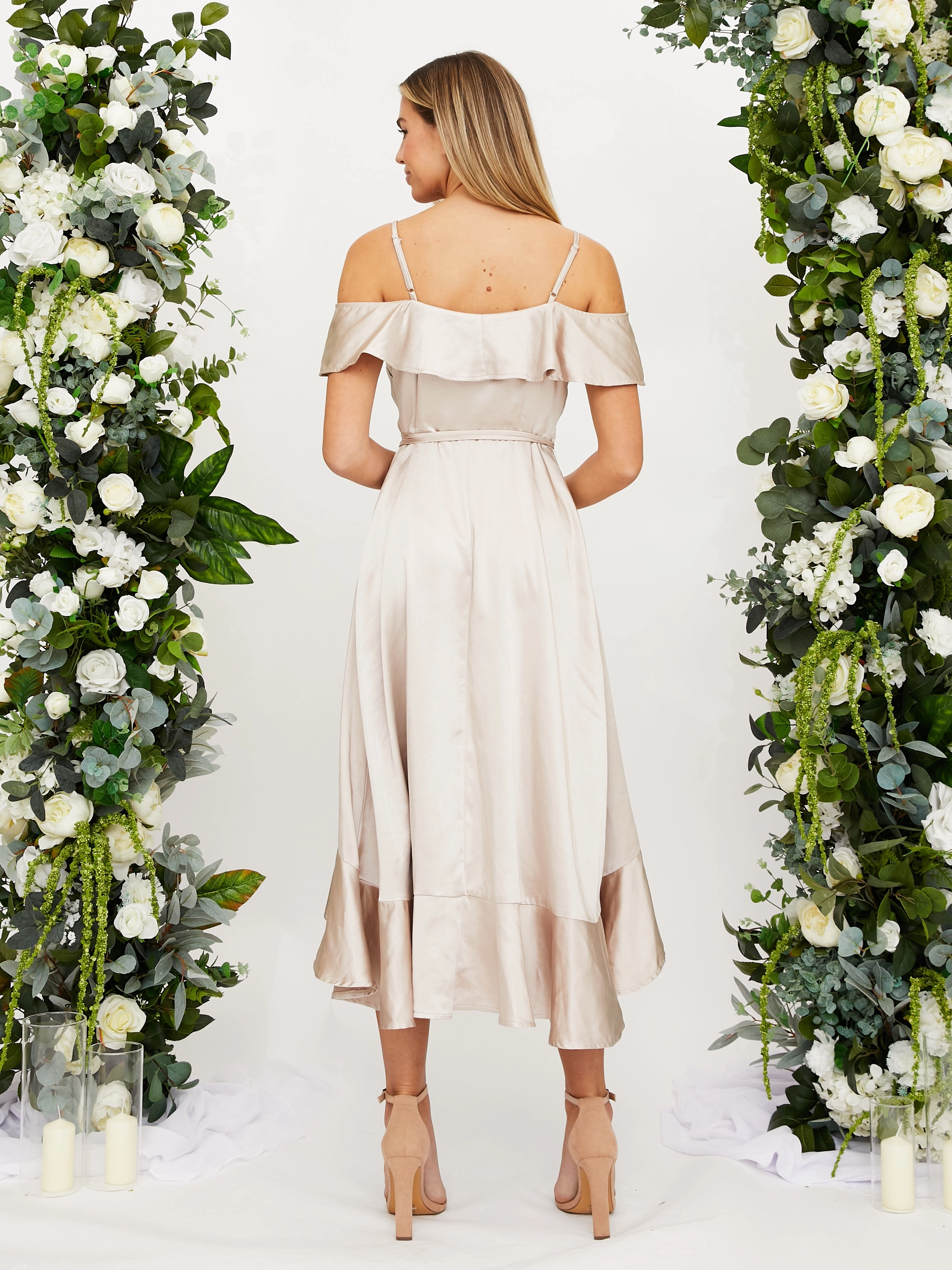 Classic knee-length dress Cold Shoulder Midi Wrap Satin Dress / Champagne