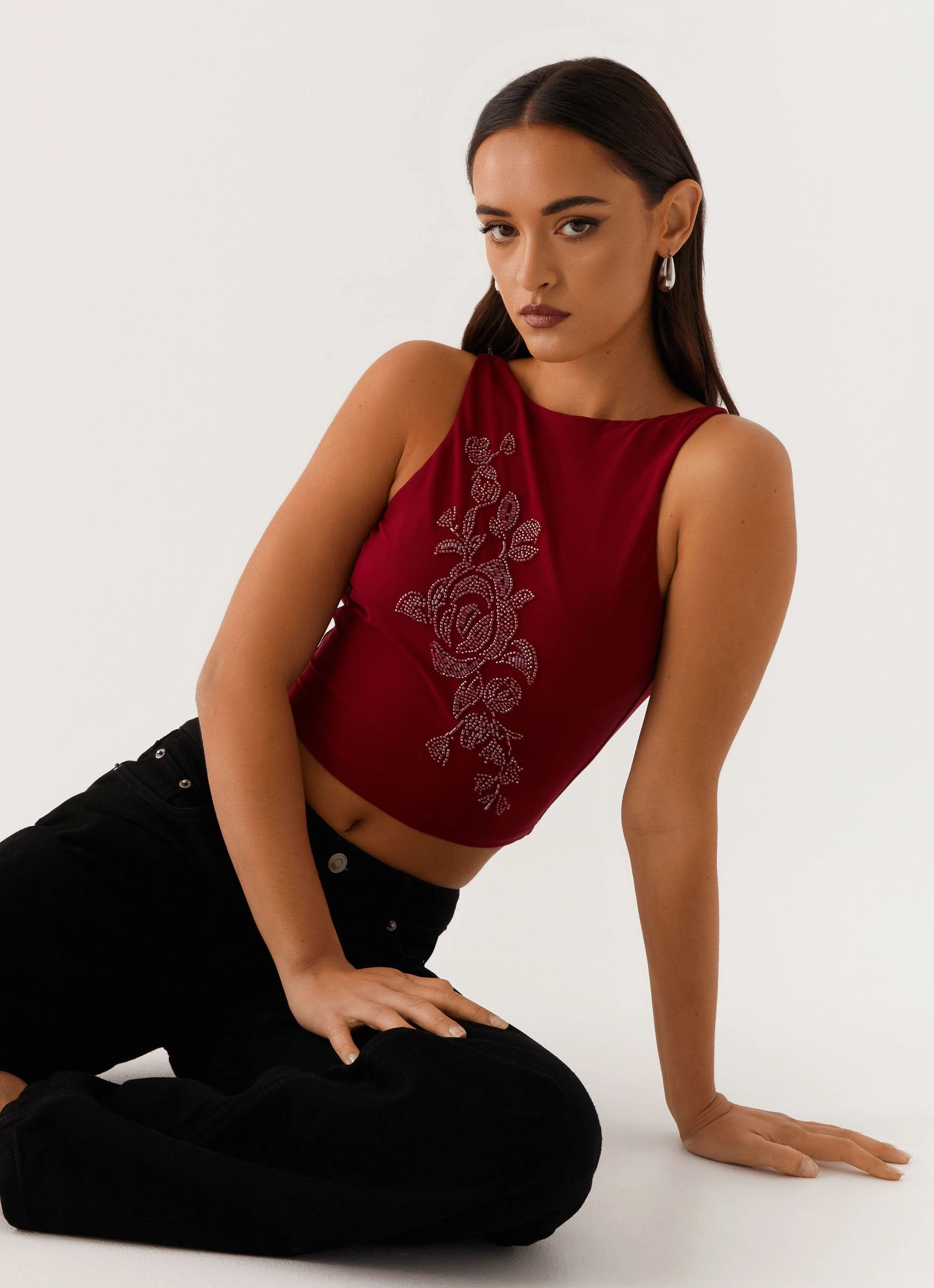 Brae Beaded Mesh Top - Deep Red Non Restrictive Mobility