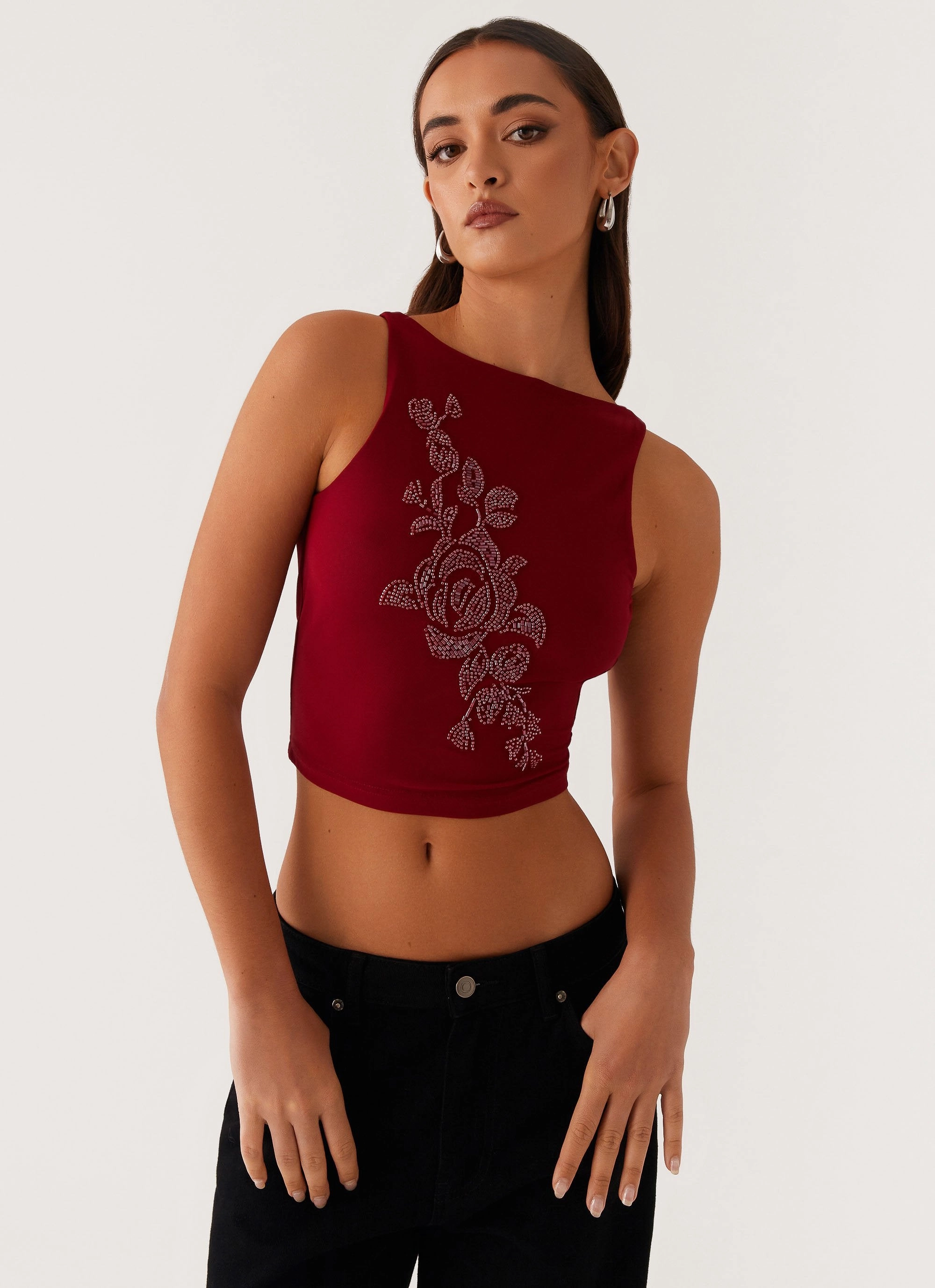 Brae Beaded Mesh Top - Deep Red Relaxed Crew Neck Opening DualLayer Weave