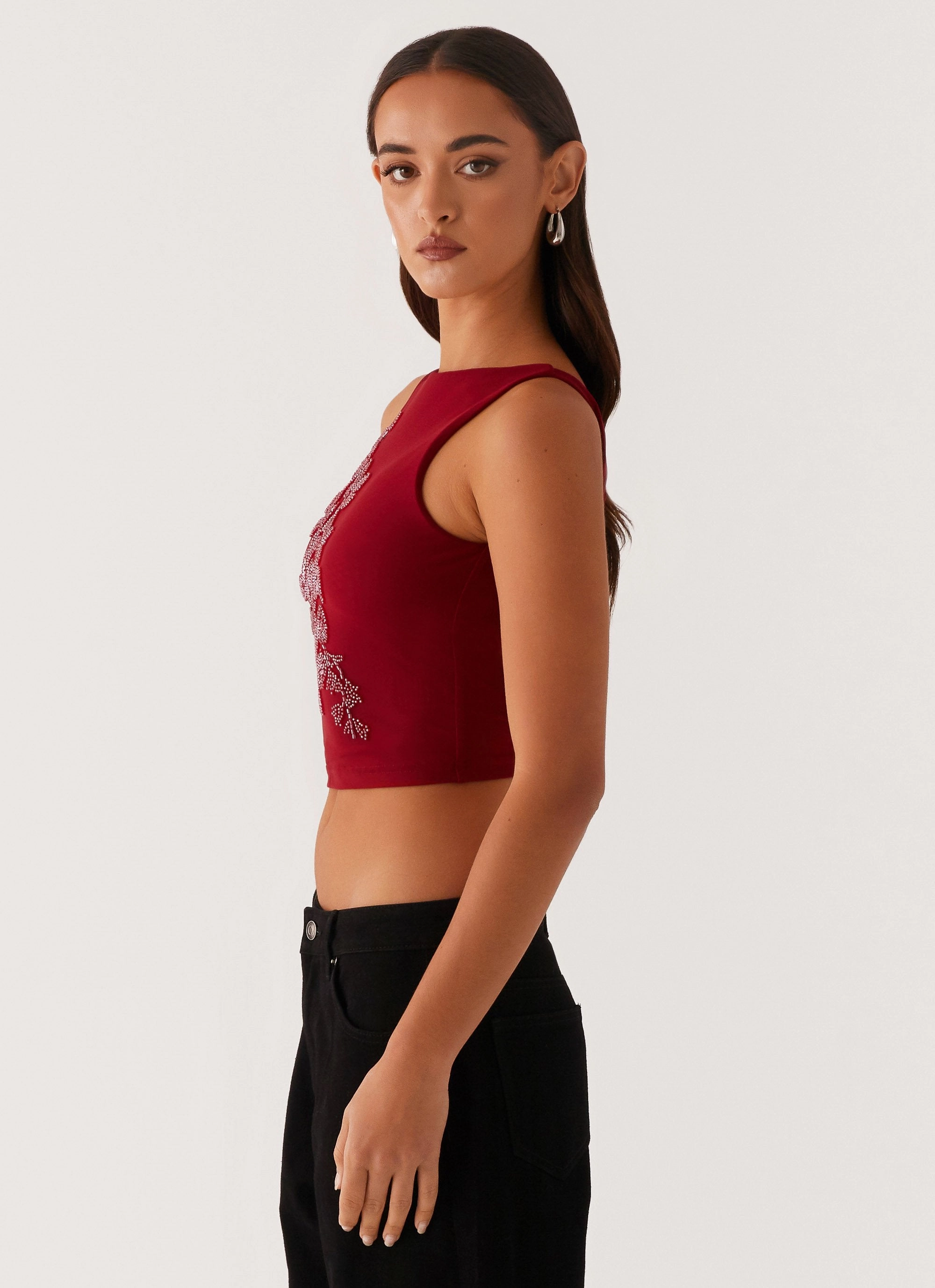 Brae Beaded Mesh Top - Deep Red Summer Blouse