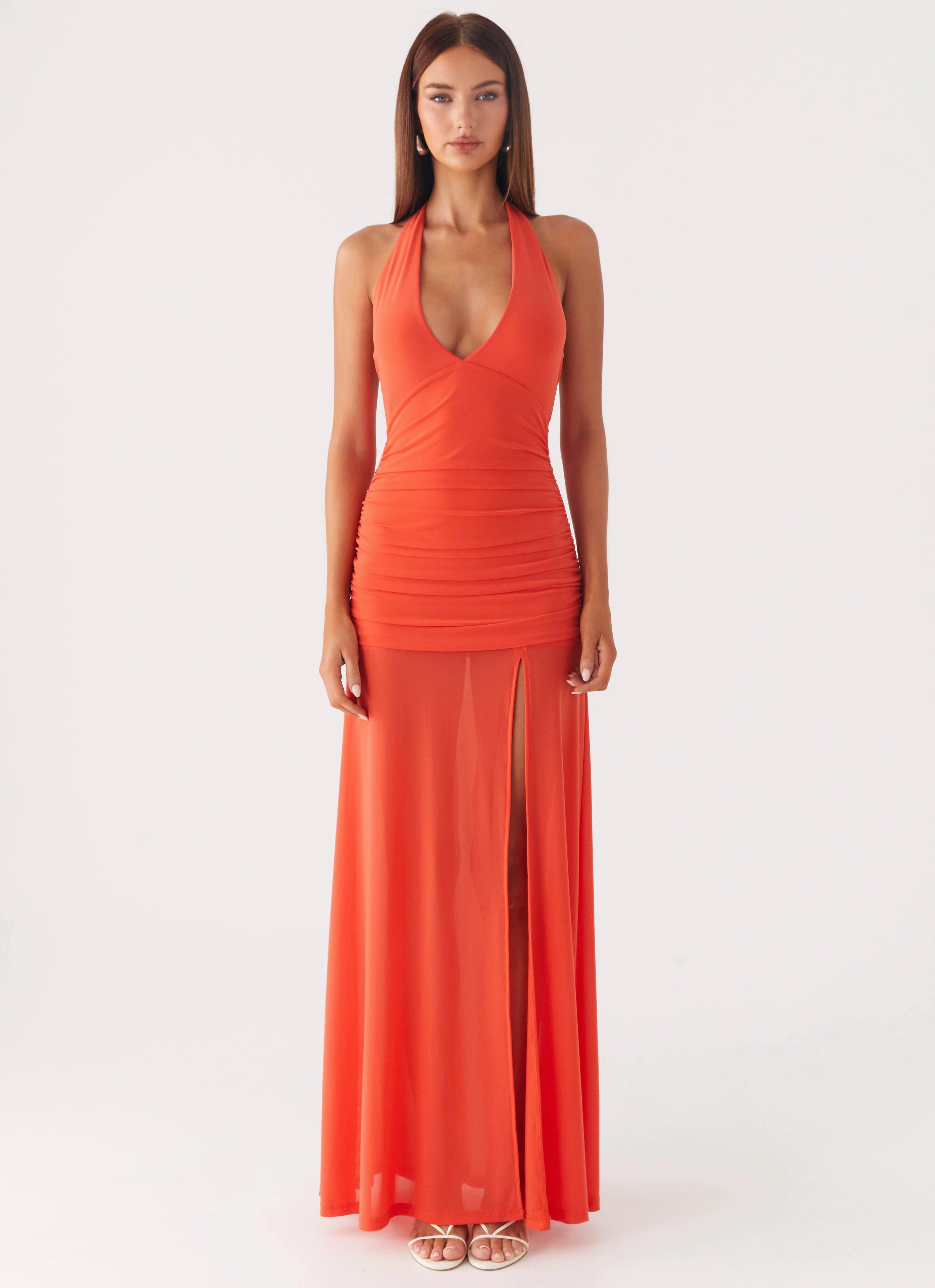 Island Muse Dress - Coral Silk Shine Hip-Flattering