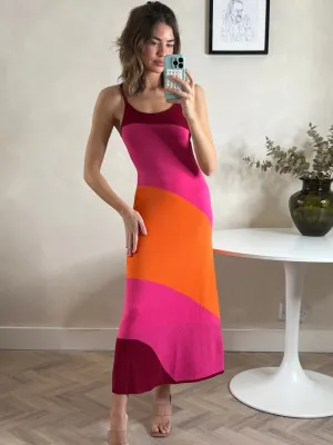 Wardrobe Must Wide Hem Detail Colourblock Strappy Knitted Midi Dress in Orange & pink