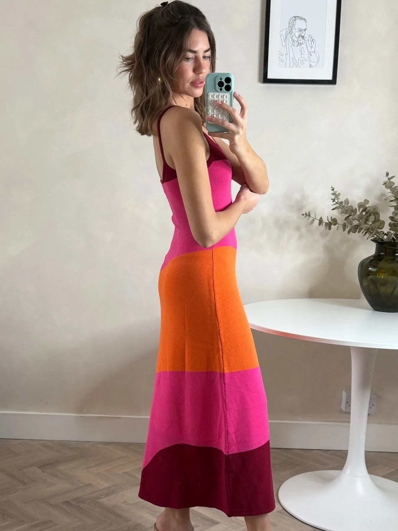 NoSnag Surface Airflow Channel Weave Colourblock Strappy Knitted Midi Dress in Orange & pink