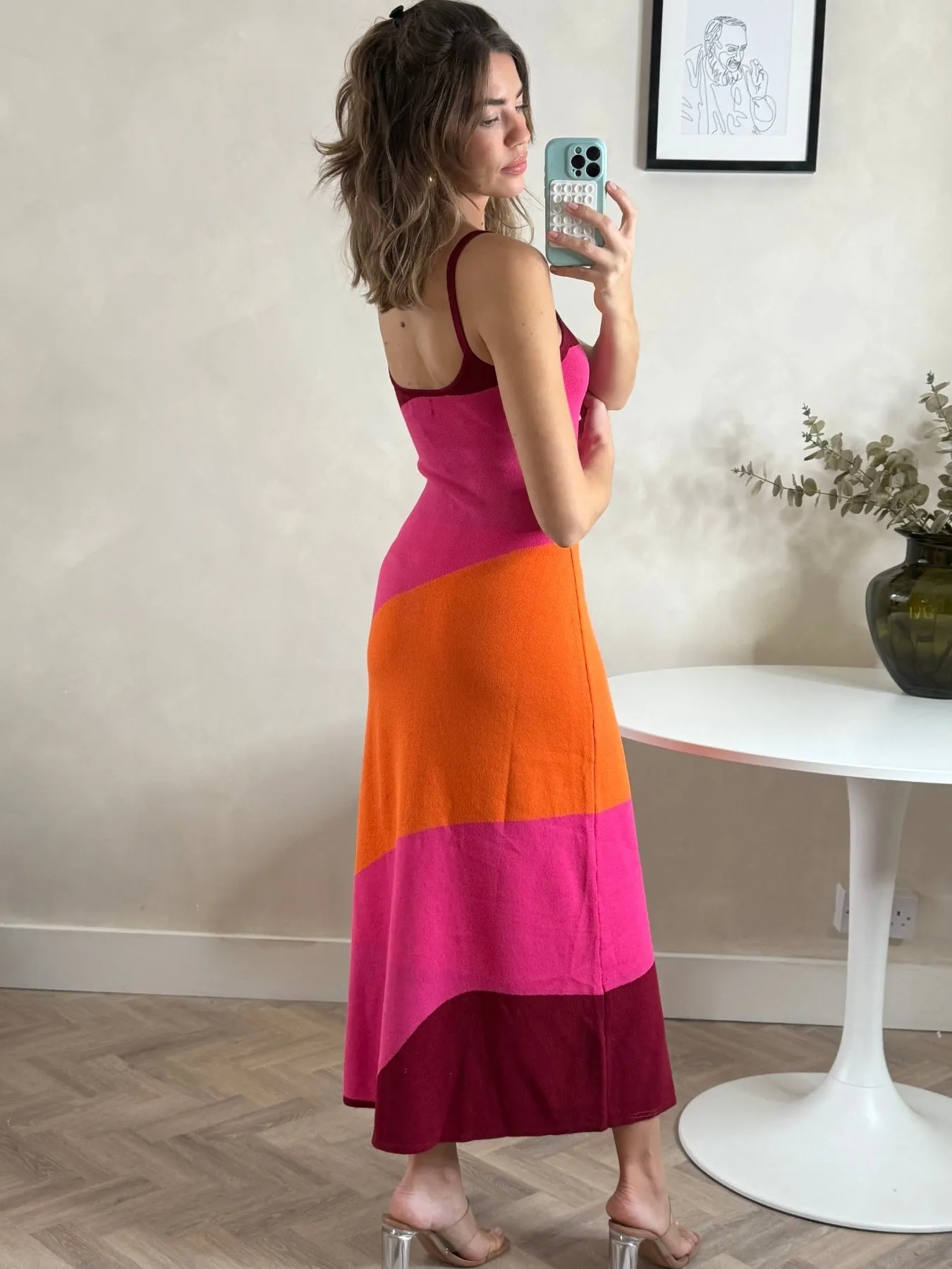 Light Drape Colourblock Strappy Knitted Midi Dress in Orange & pink