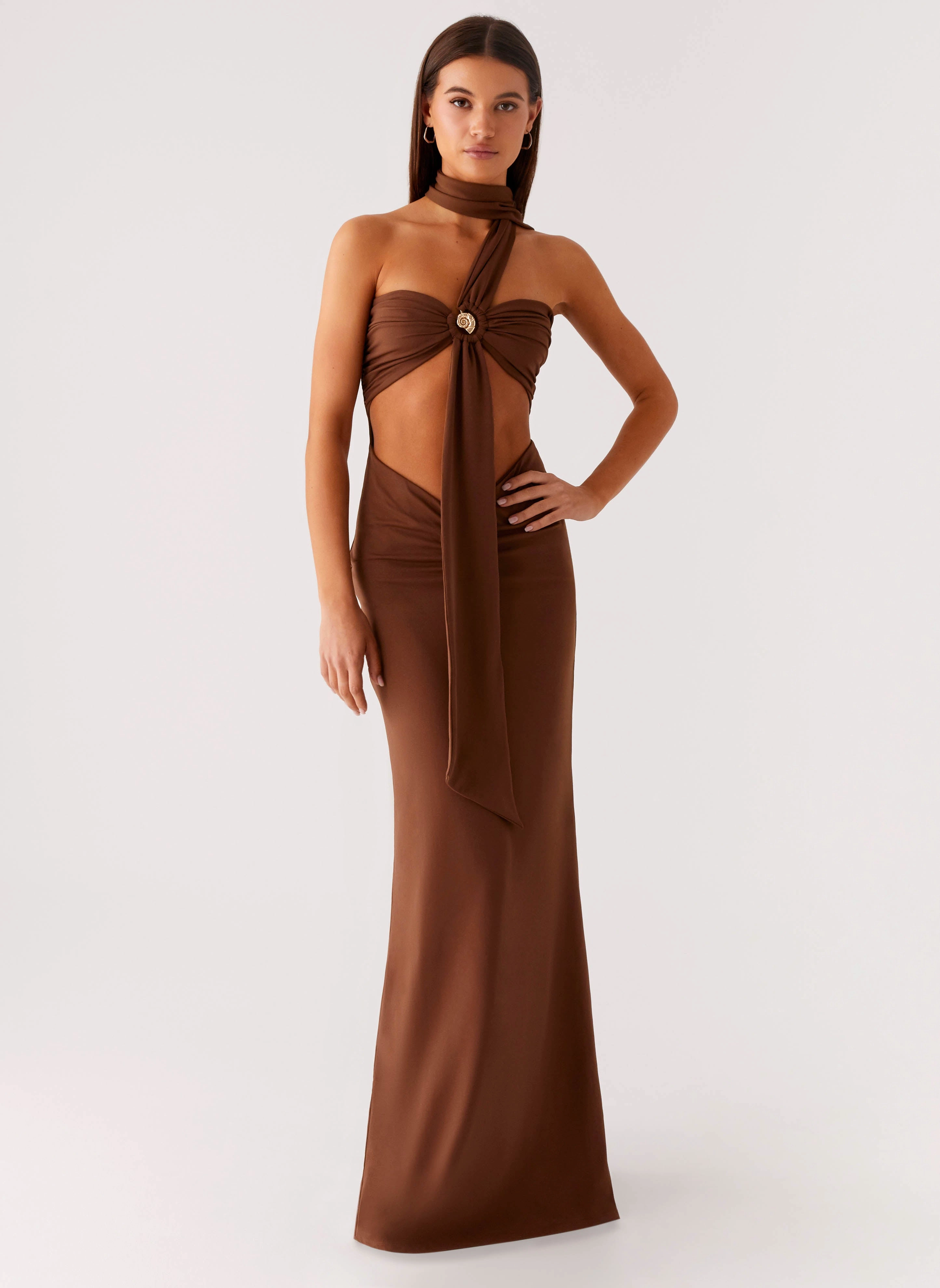 Playful-Detail Olive Bloom Maxi Dress - Chocolate