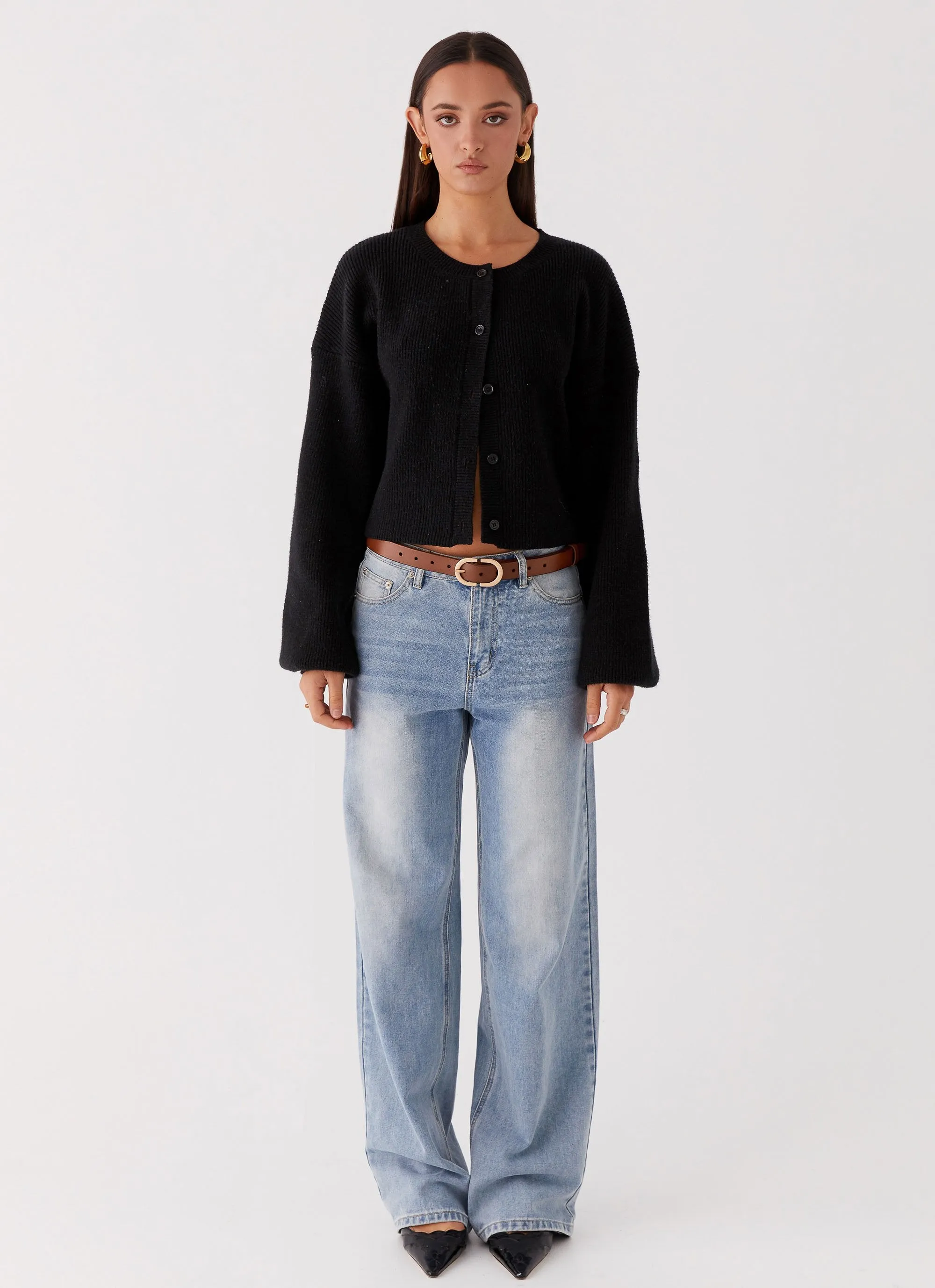 Durable Hem Stitching TwoToneEffect Daphne Knit Cardigan - Black