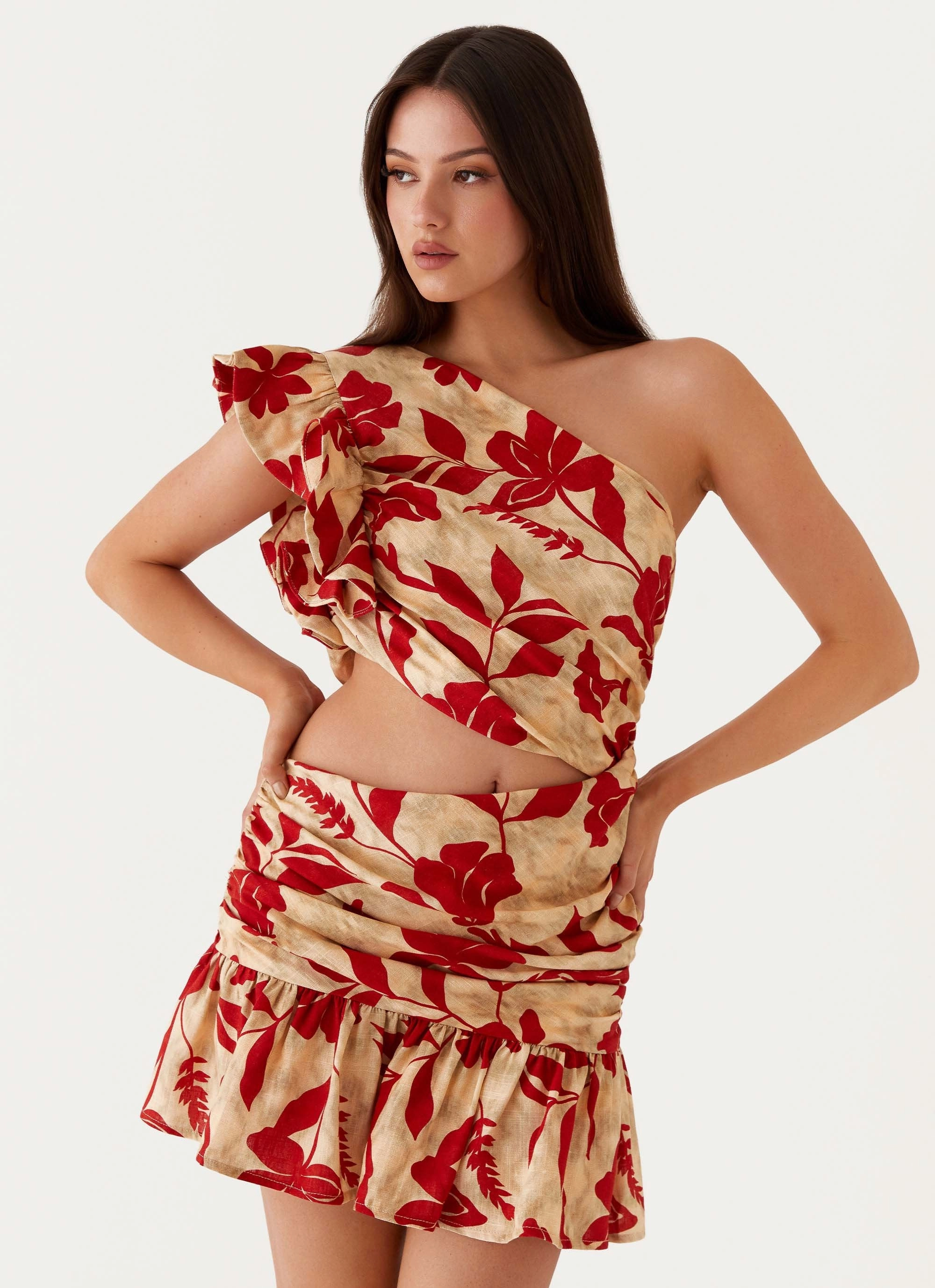 Maisie Linen Mini Dress - Red Green Floral Fit For All Best-Seller