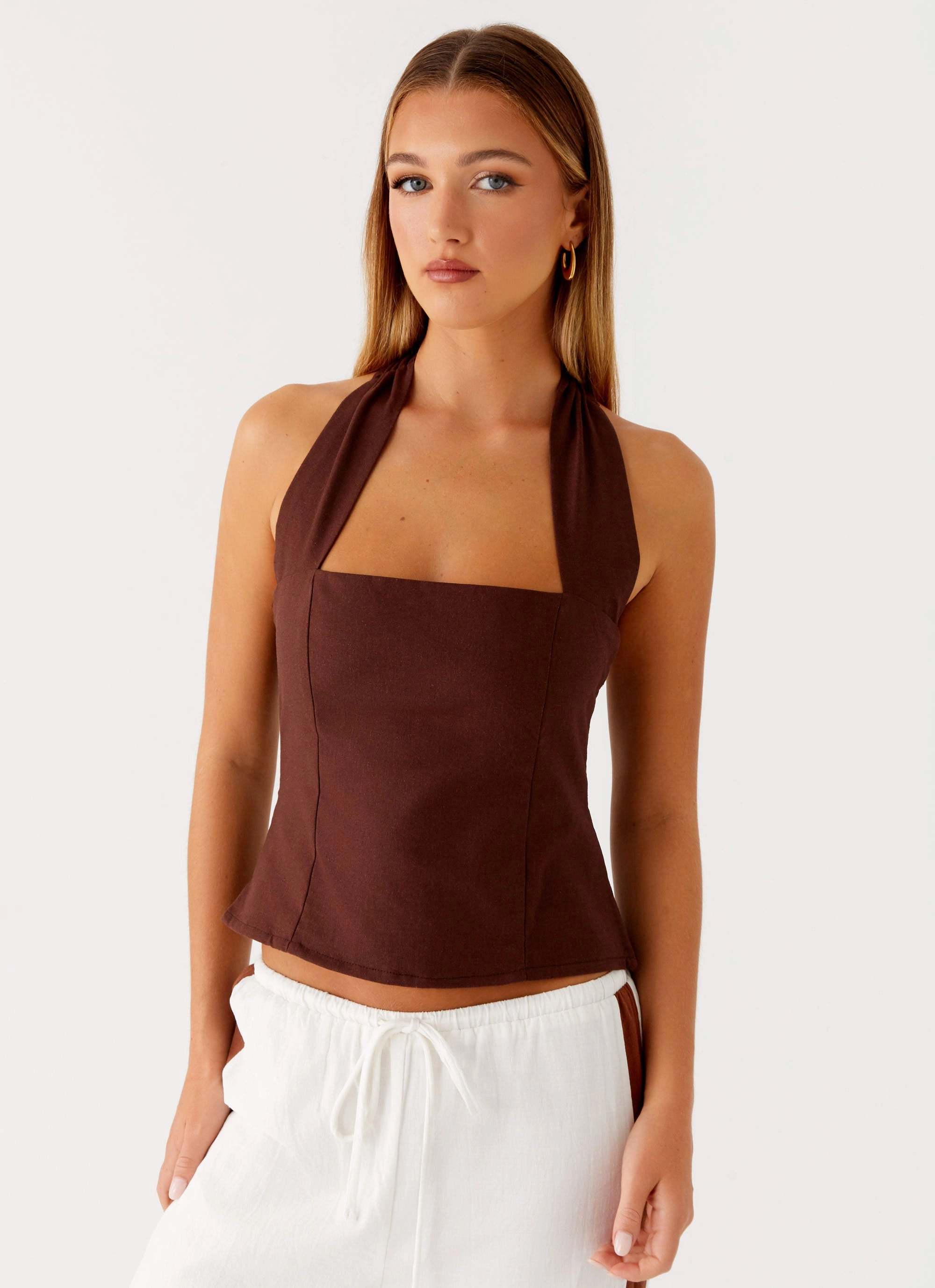 QuickPackFoldableDesign Casual Pullover Sunflare Linen Halter Top - Chocolate