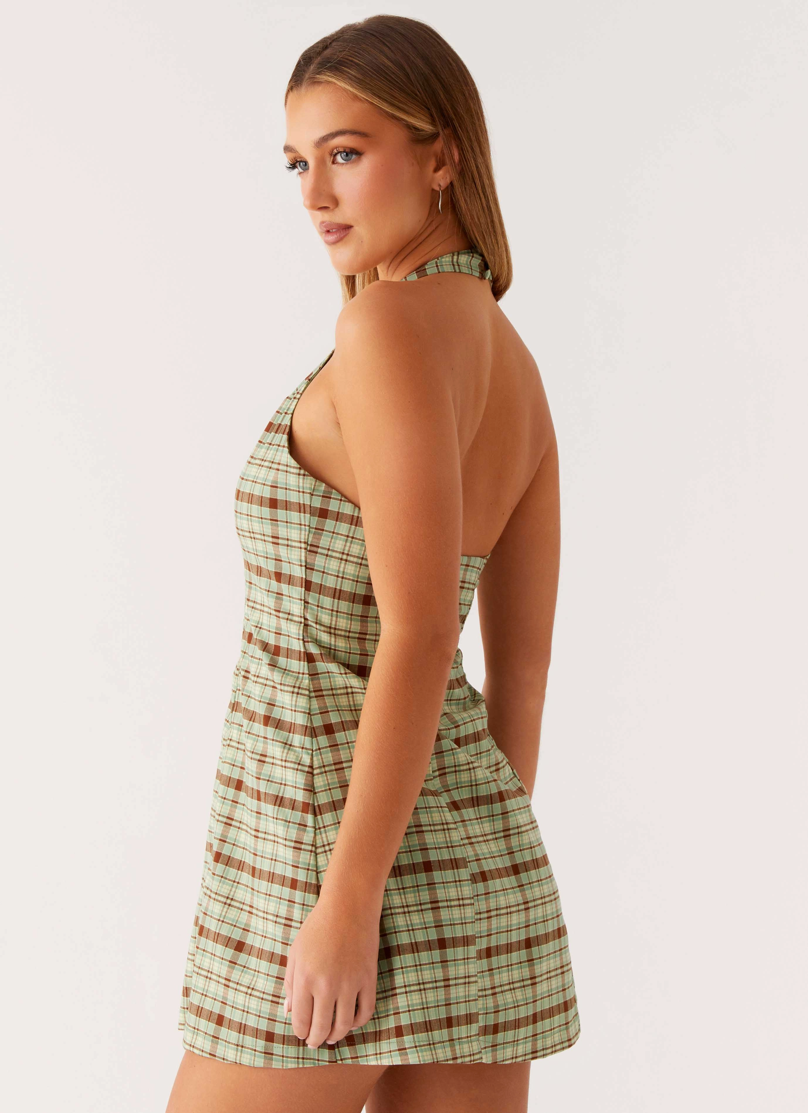 Fashionable appearance London Edge Dunia Halter Mini Dress - Forest Plaid