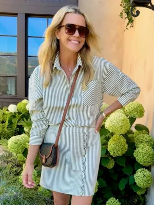 Effortless Layer MASON'S DAUGHTER | the French Cuff Boyfriend Shirt, Olive and Ivory Striped Poplin