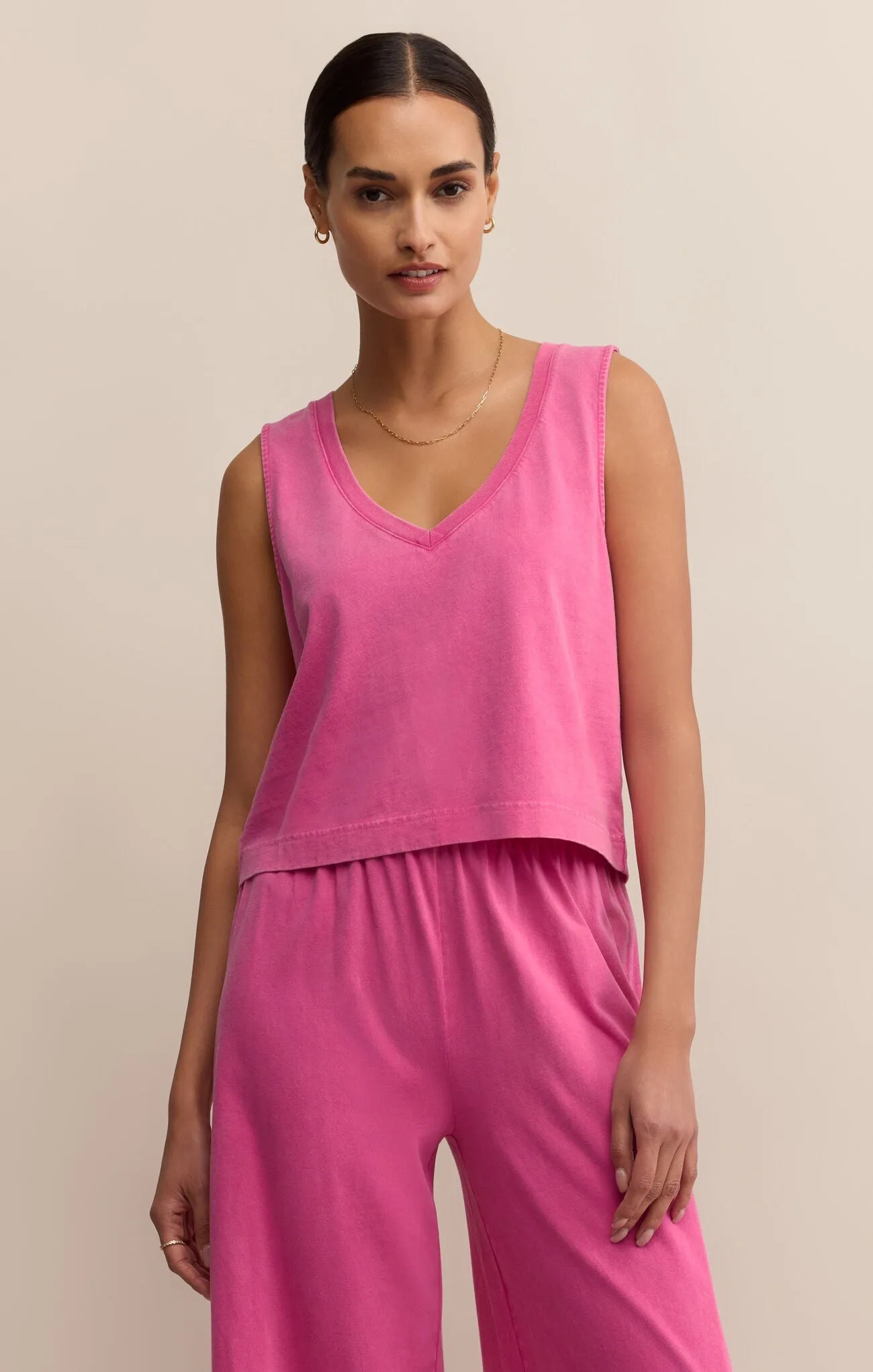 LightReflectiveTrim High Neck Design Sloane V-neck Top- Island Pink