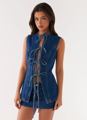 Abrasion Resistant Surface HighDensity Knit Wish You Luck Denim Top - Dark Blue