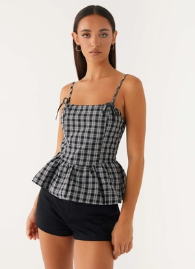 Laura Top - White Black Check Soft Touch Texture Classic Casual Look