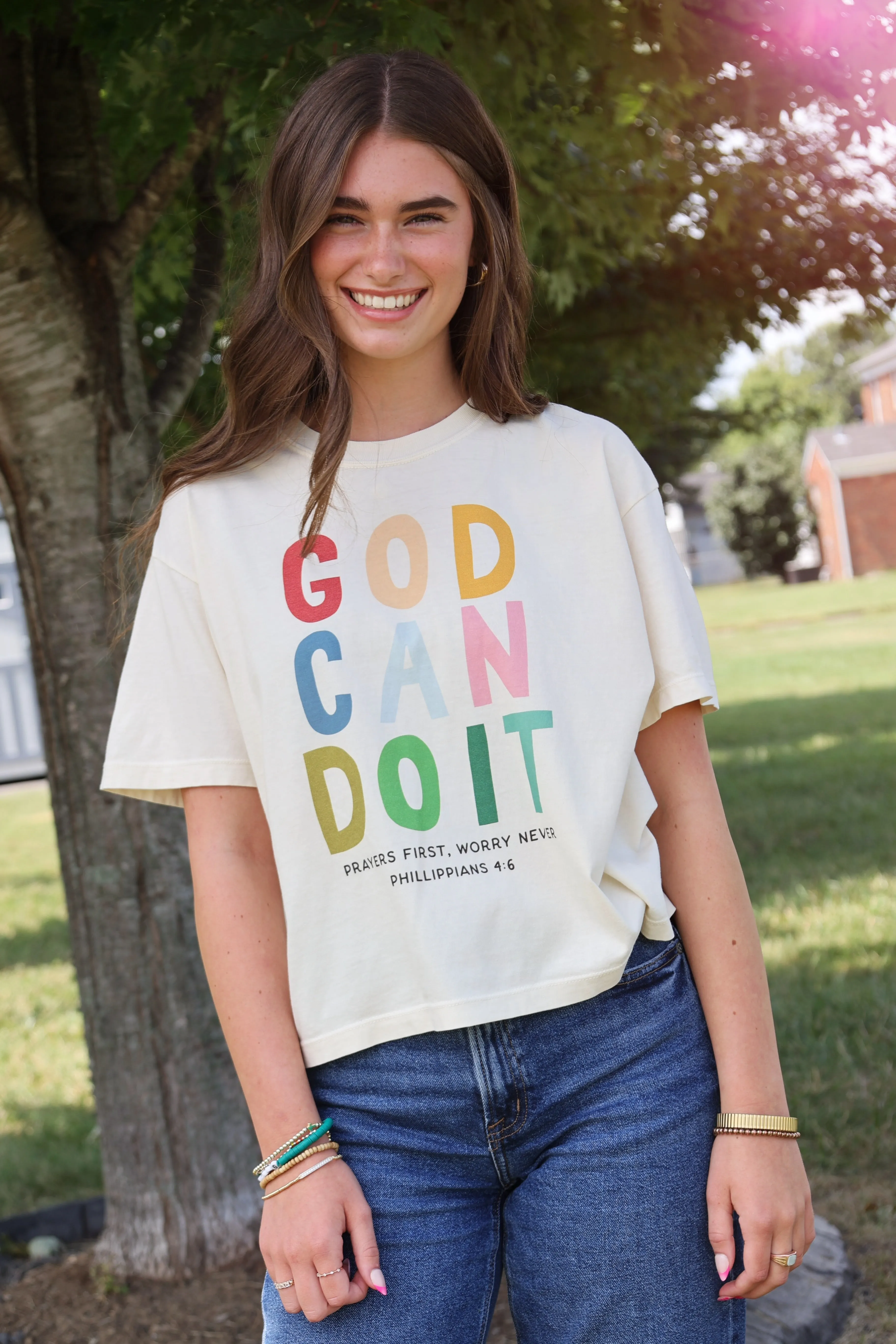 Sleeveless Top Wrinkle Resistant Weave God Can Do It Tee
