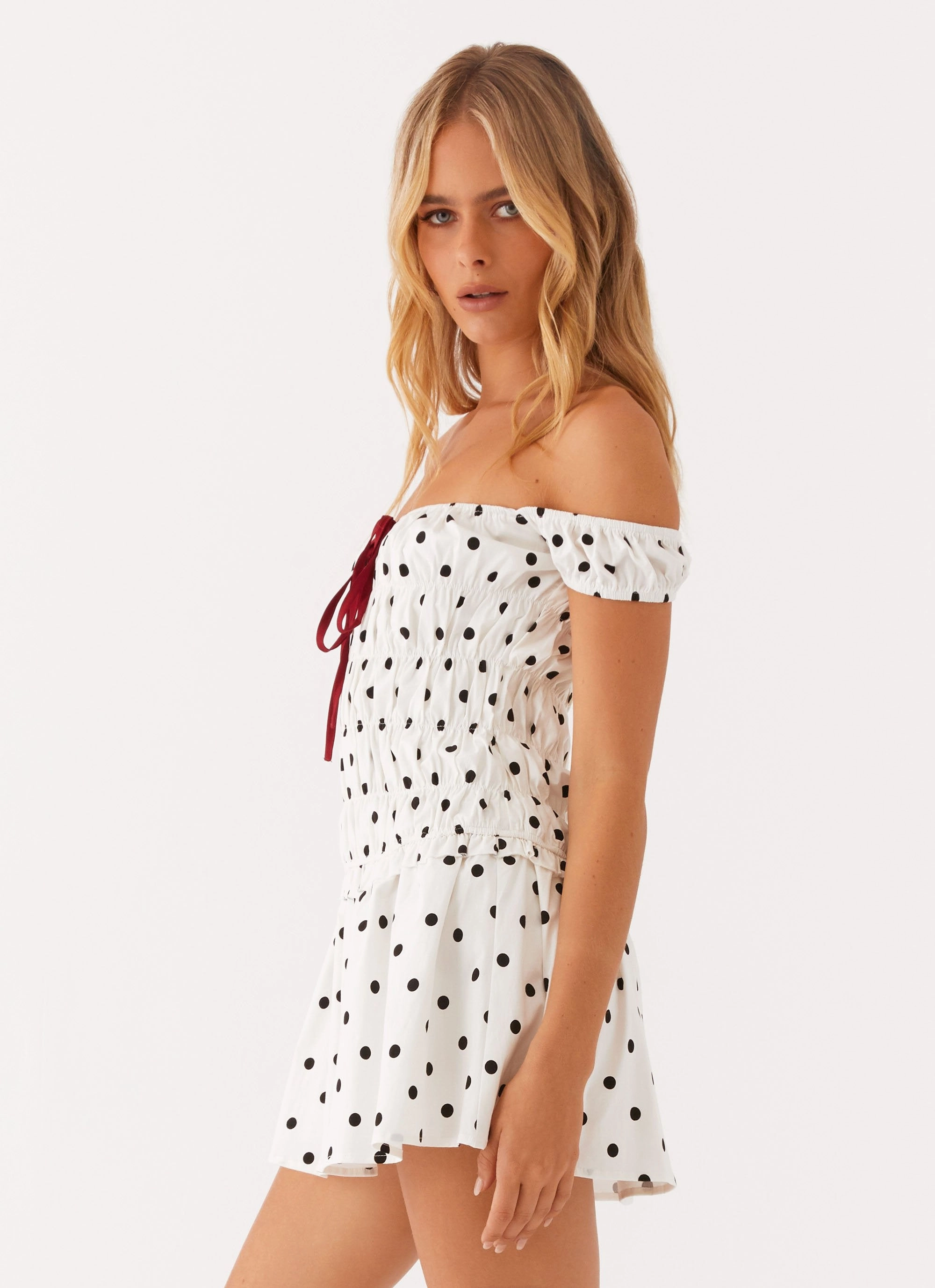 Countryside Off Shoulder Mini Dress - White Polkadot Dreamy Layers