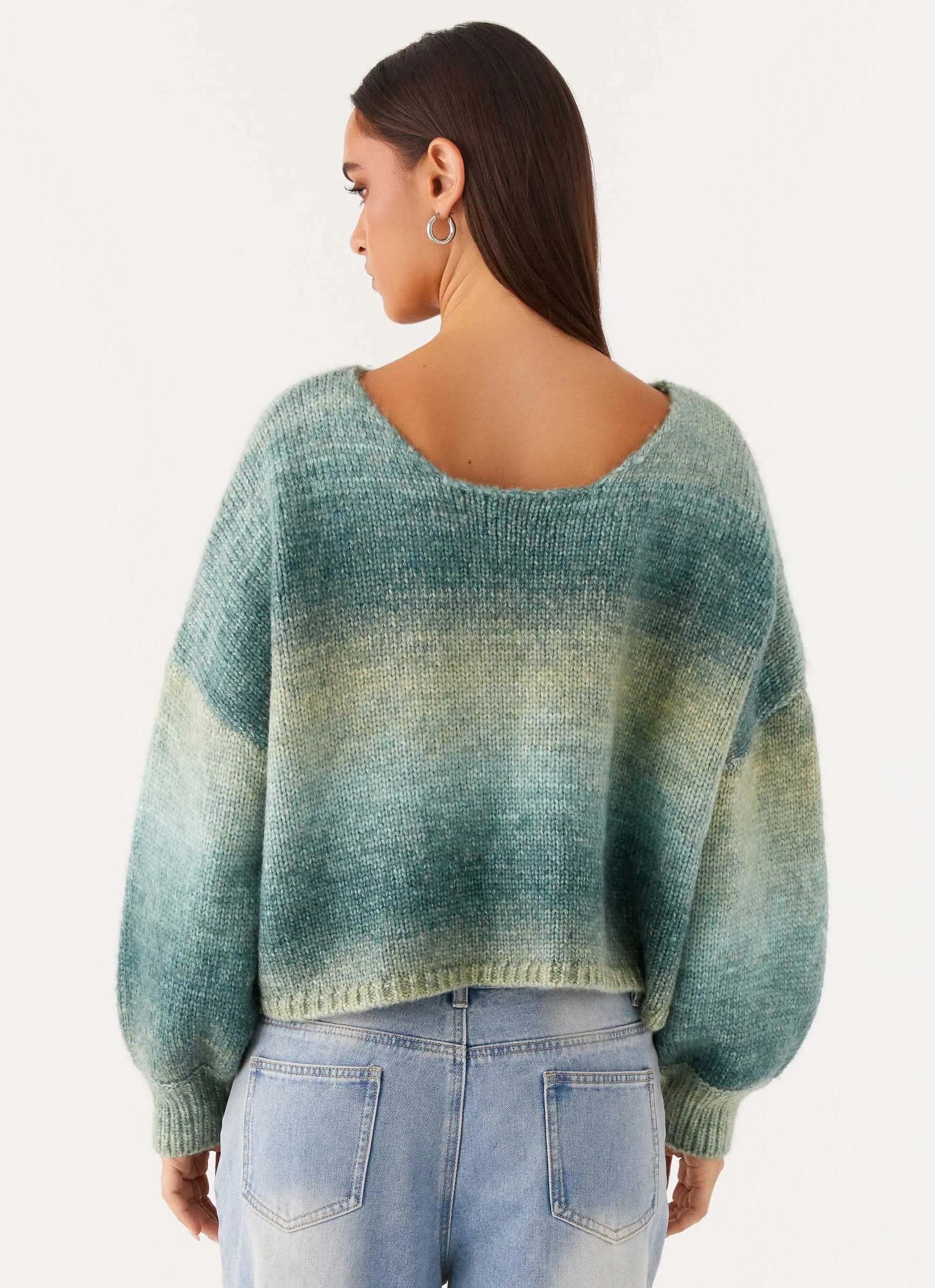 Lynne Oversized Jumper - Green Ombre Layered Neckline Cozy Blouse