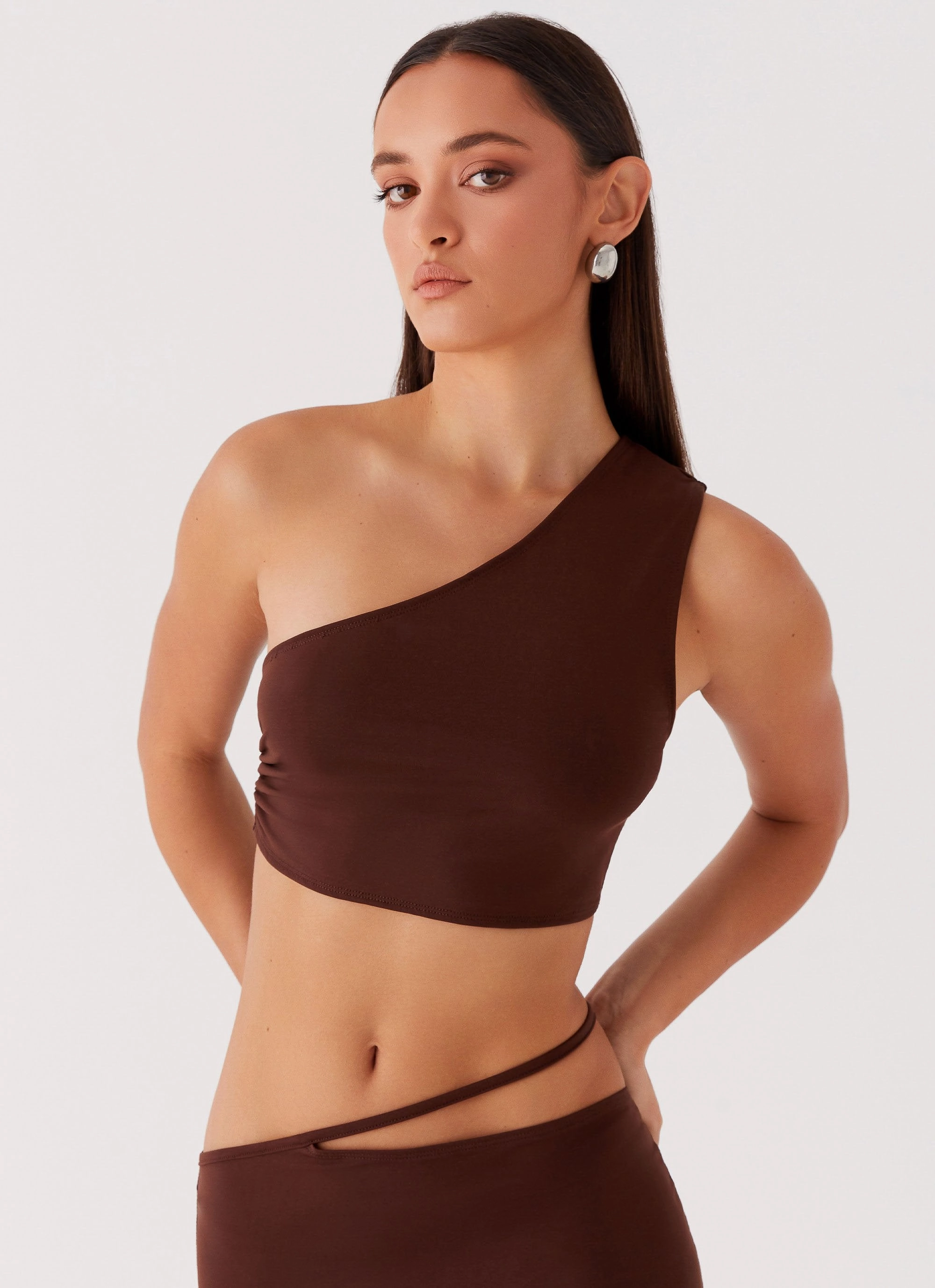 Like You Do One Shoulder Crop Top - Chocolate Minimalist Design Breathable mesh lining