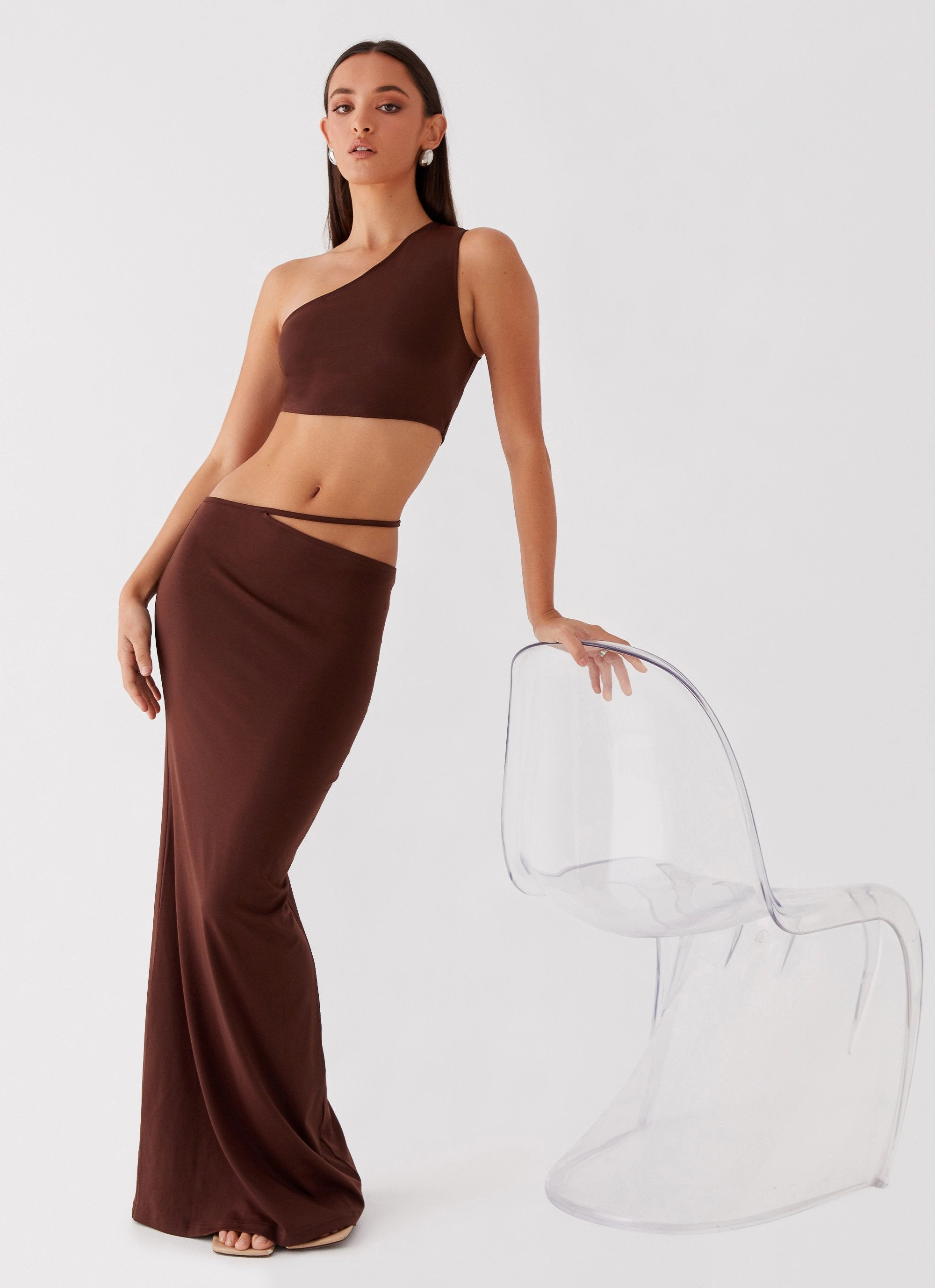 Like You Do One Shoulder Crop Top - Chocolate AntiPilling Surface