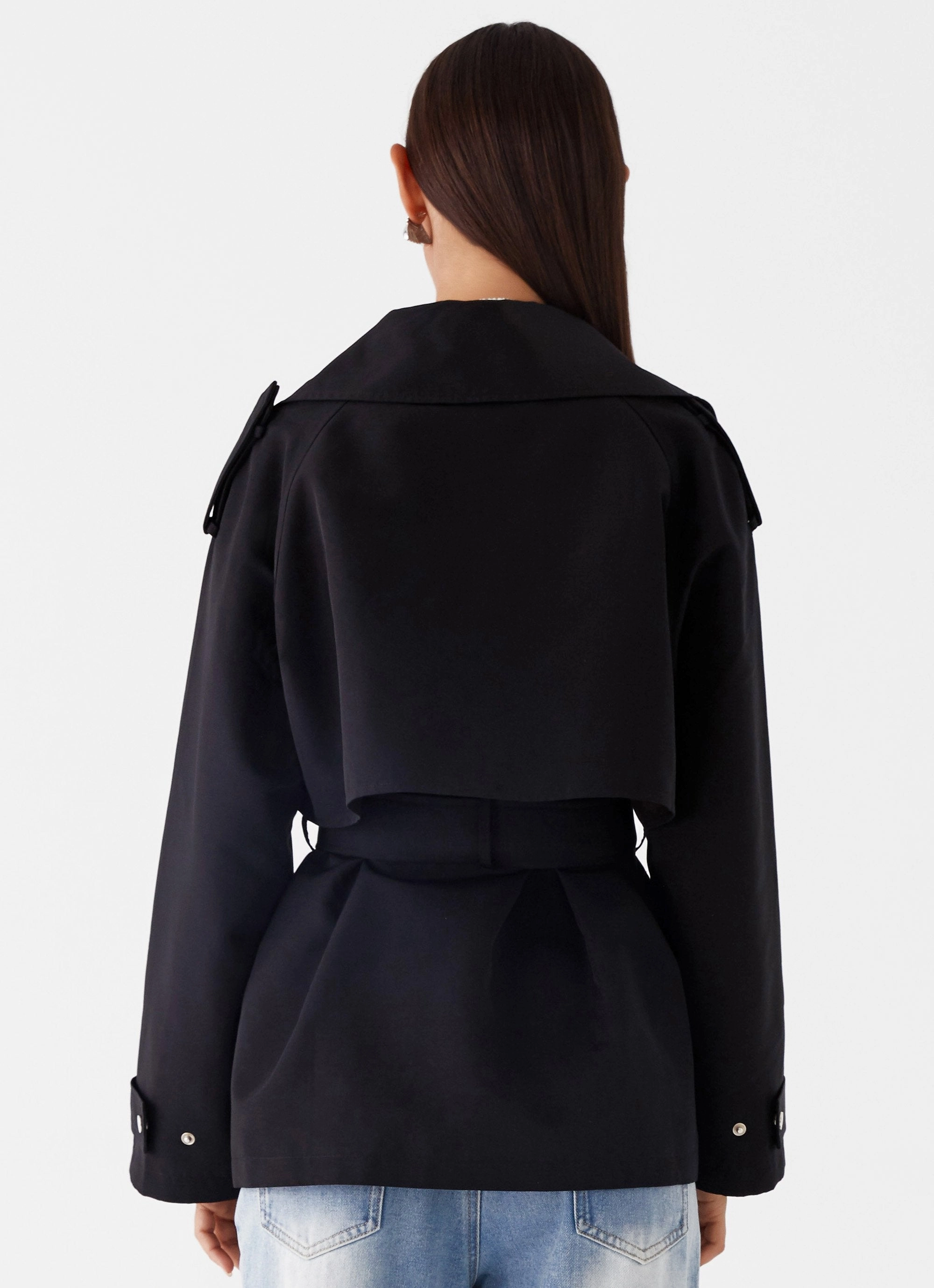 Poly Blend Ace Of Spades Cropped Trench Coat - Black