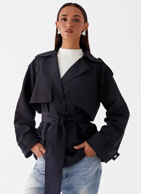High End Look Ace Of Spades Cropped Trench Coat - Black