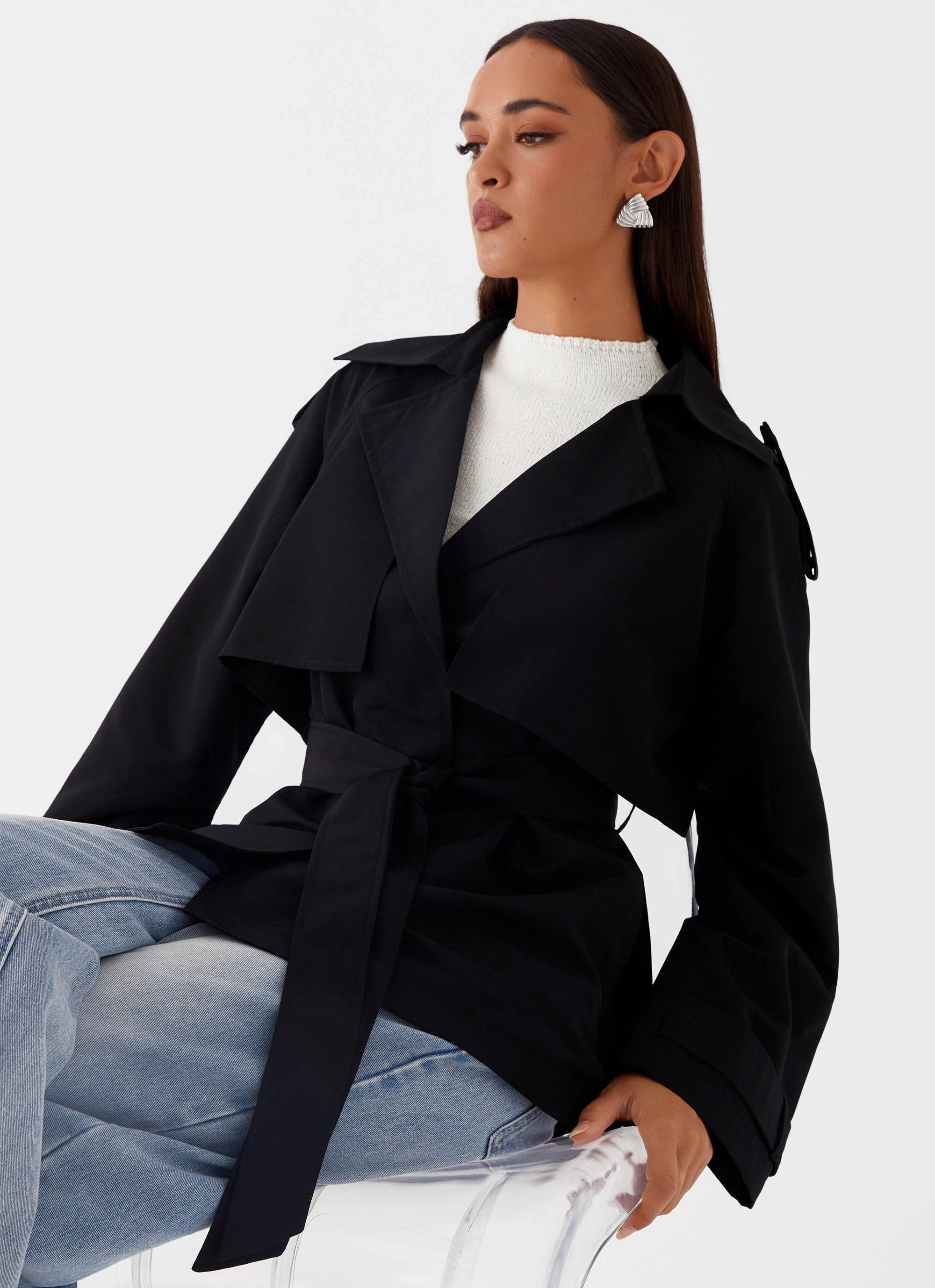 Ace Of Spades Cropped Trench Coat - Black Lightweight Feel Commuter Friendly Look