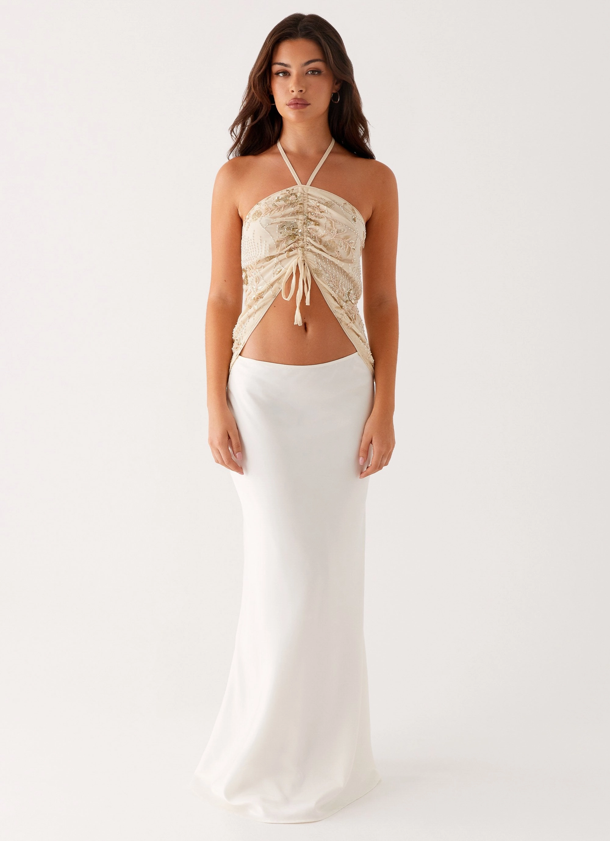 Kirrily Beaded Halter Top - Ivory Wrinkle Free Weave