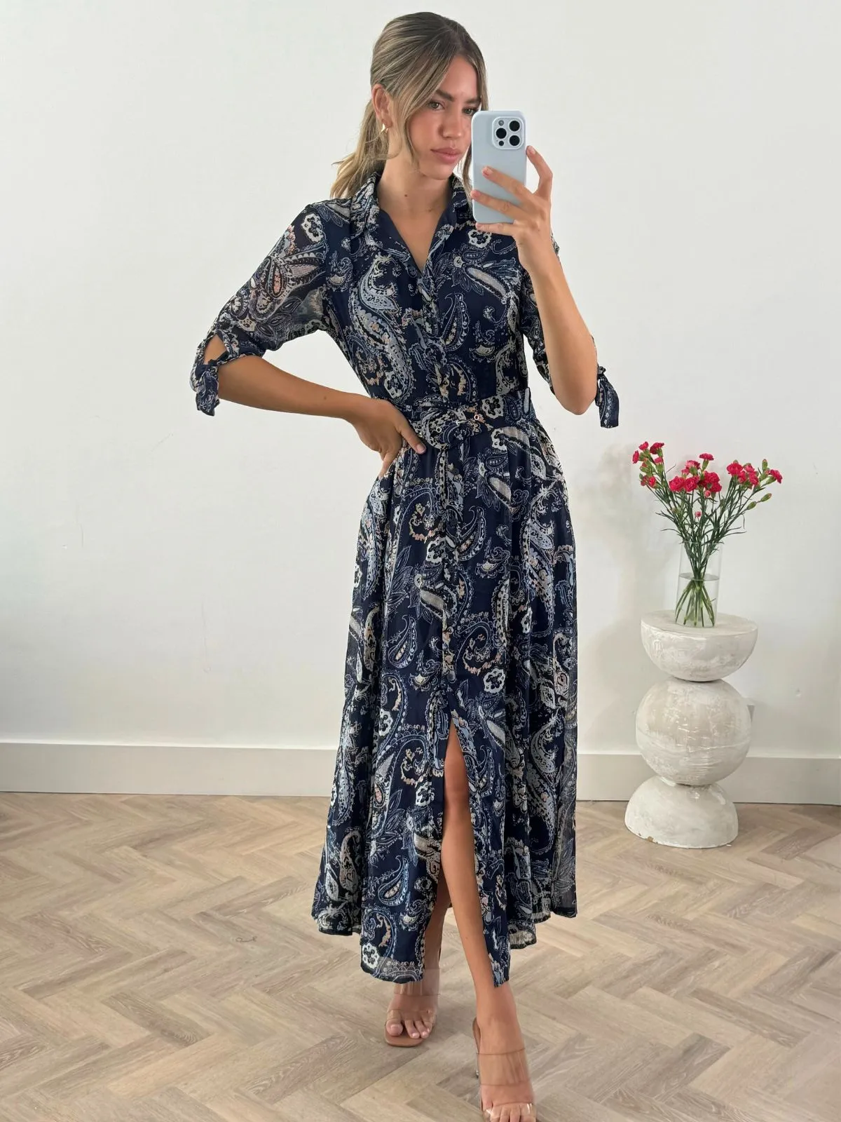 Elegant Finish Daphne Belted Shirt Dress / Blue Paisley