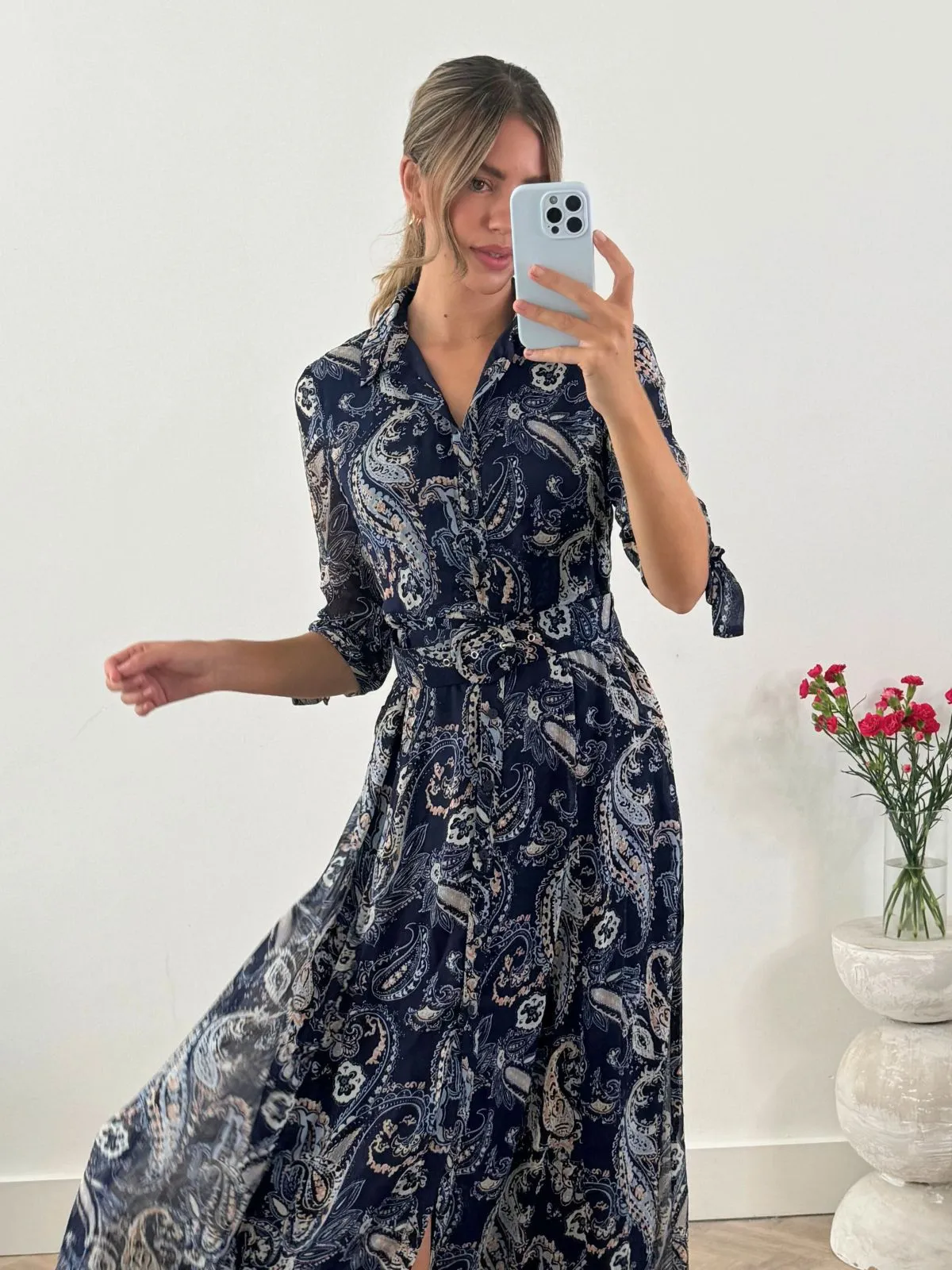 Modern Lines Daphne Belted Shirt Dress / Blue Paisley