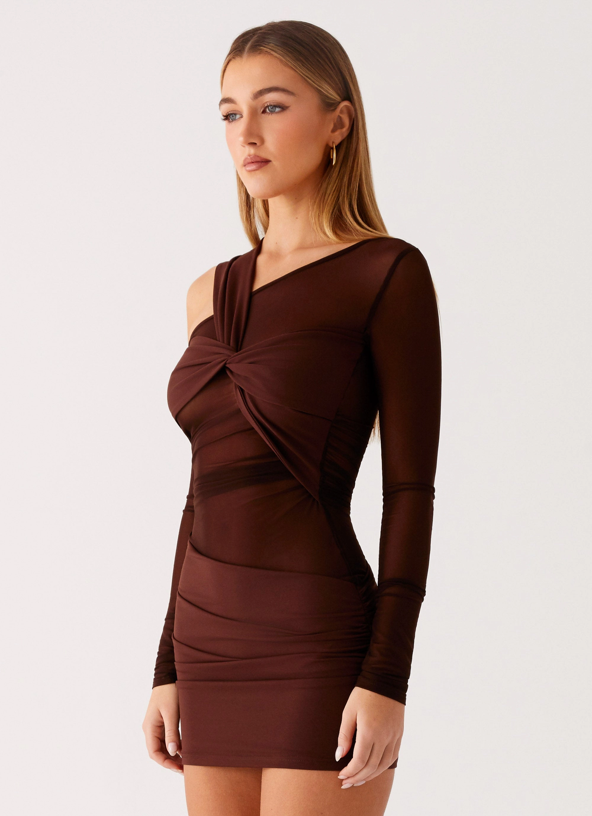 Ophelie Asymmetric Long Sleeve Mini Dress - Chocolate DoubleLayeredMaterial