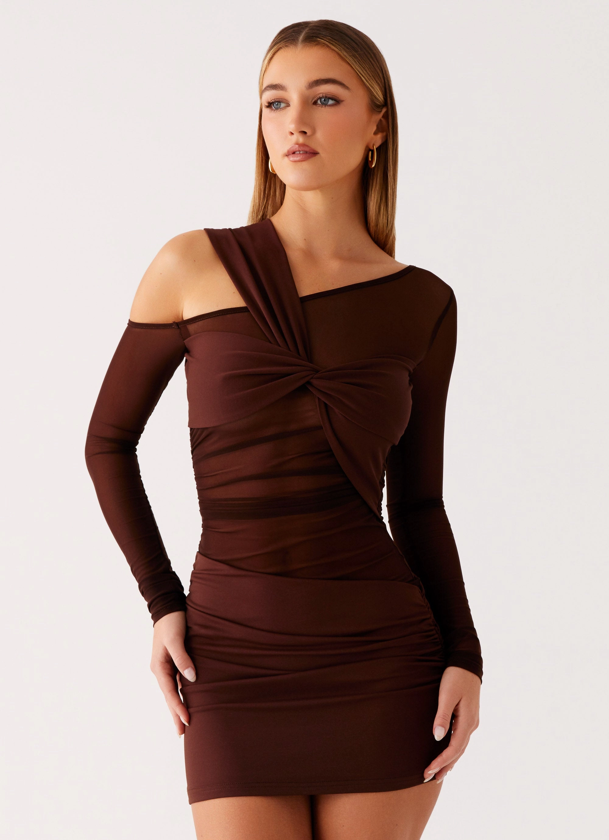 Office Tone Seasonal Layering Ophelie Asymmetric Long Sleeve Mini Dress - Chocolate