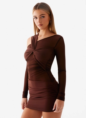 Ophelie Asymmetric Long Sleeve Mini Dress - Chocolate NonChafeSeams