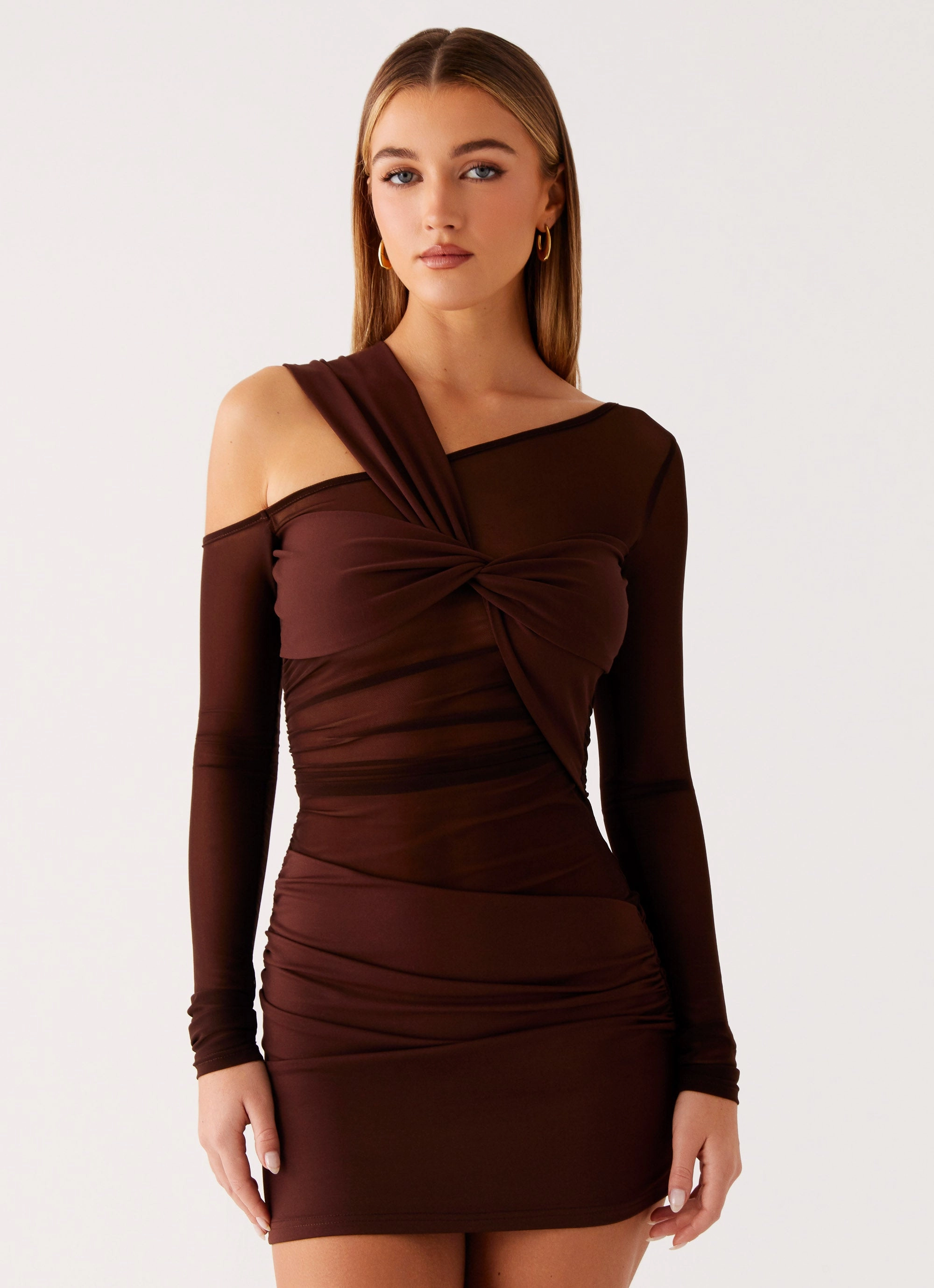Retro Vibes Ophelie Asymmetric Long Sleeve Mini Dress - Chocolate