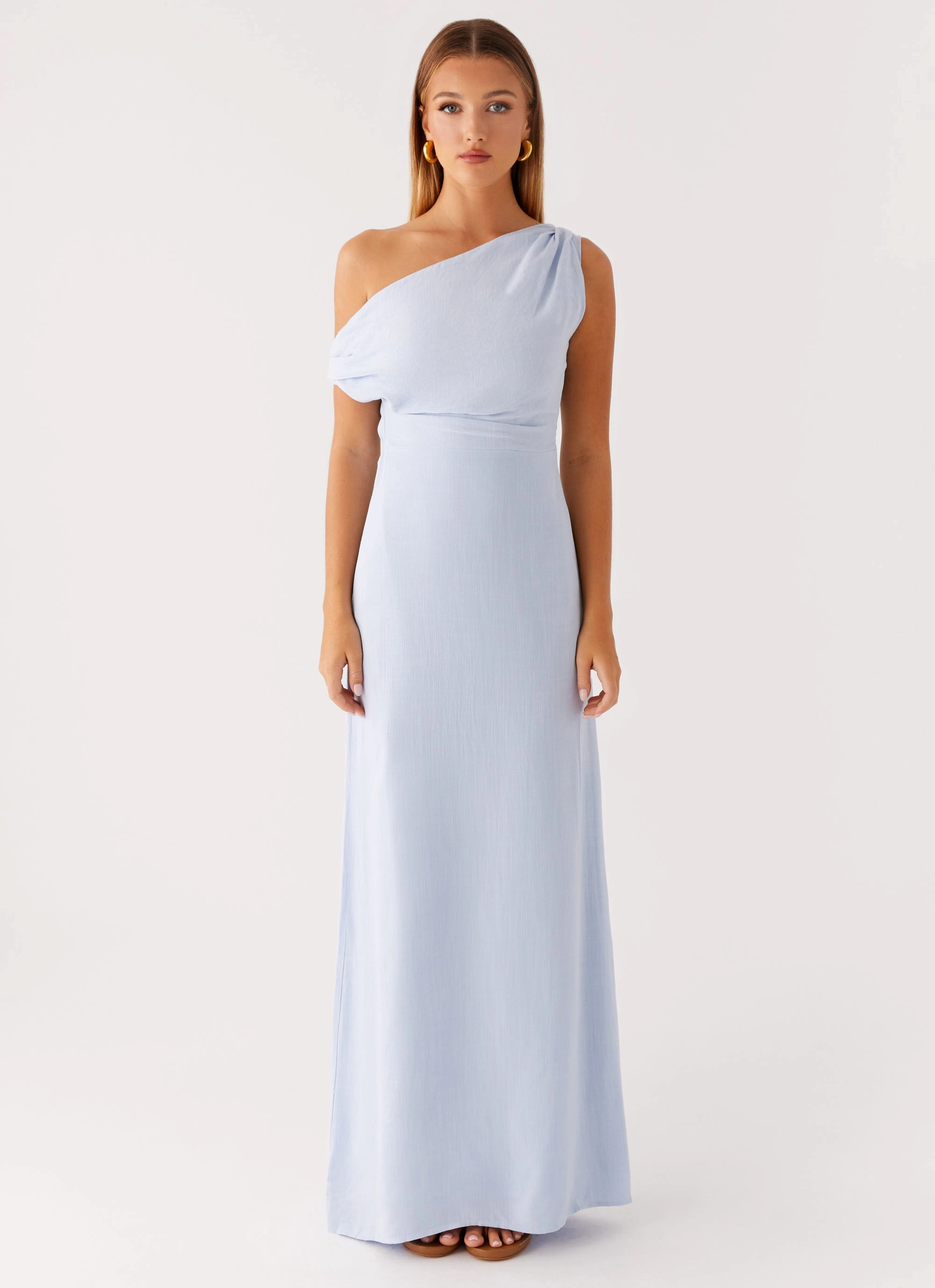 Chic Waist Sleek Drape Lady Love Linen Maxi Dress - Blue