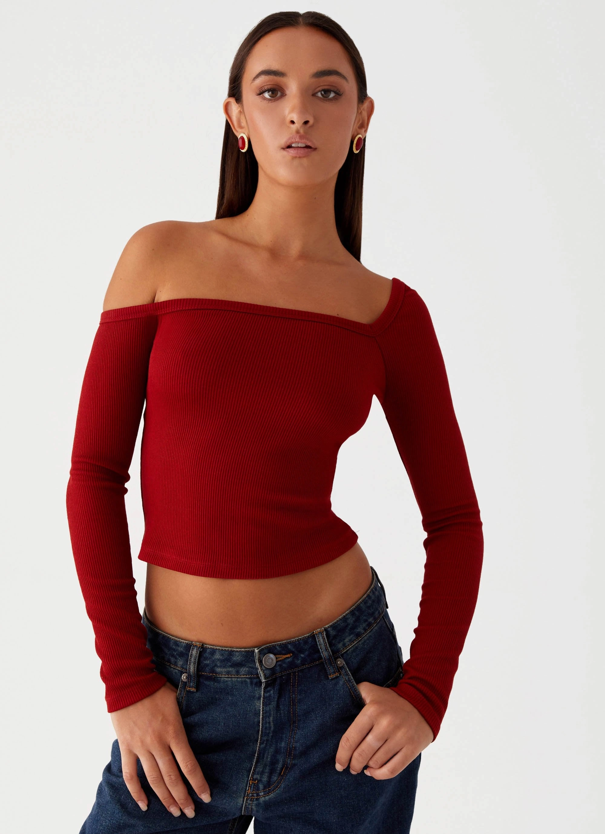 Talia Asymmetric Long Sleeve Top - Red StretchKnit ReflectiveTrim