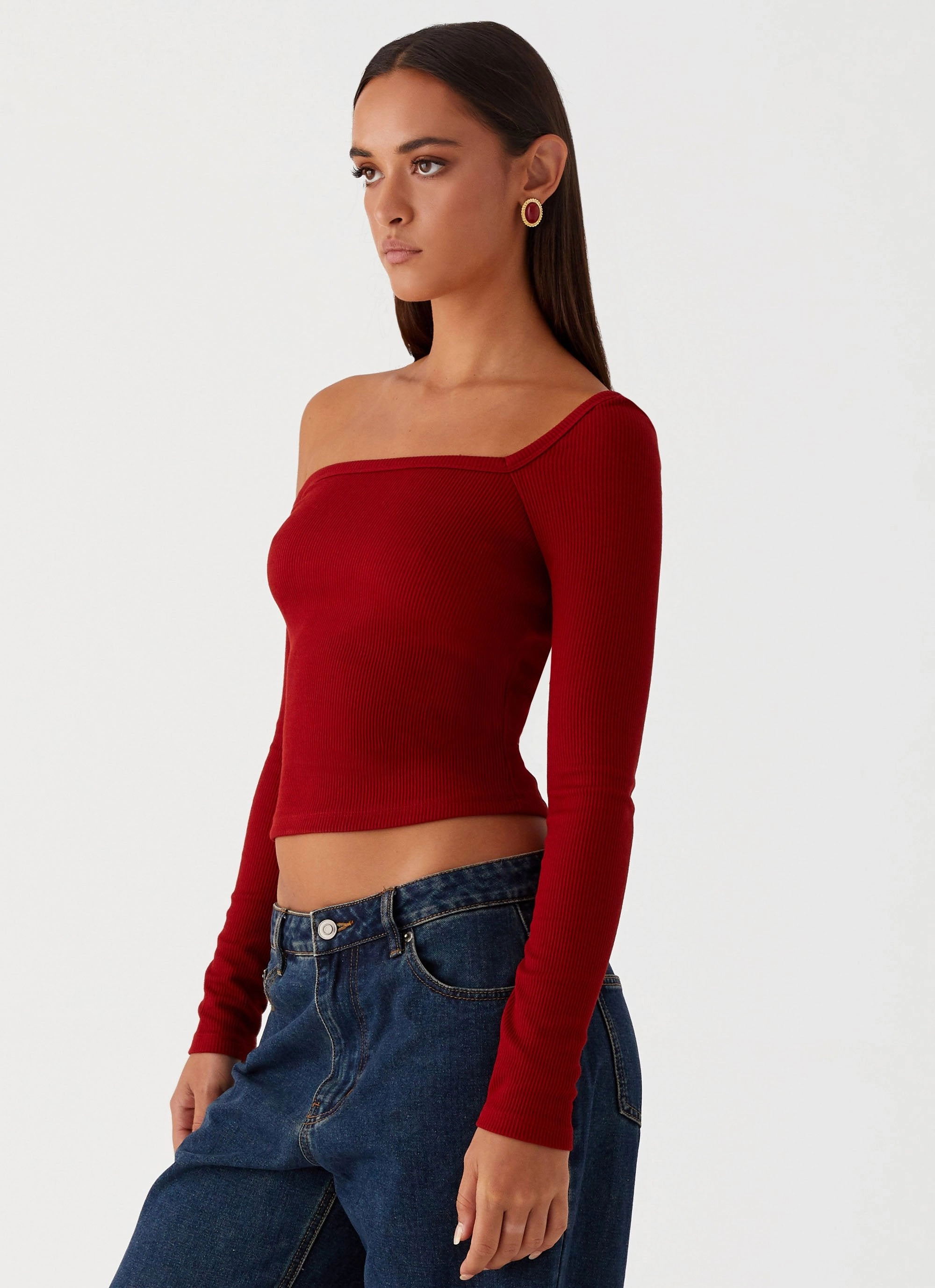 Talia Asymmetric Long Sleeve Top - Red Rolled Hem Detailing Anti Pilling Treatment