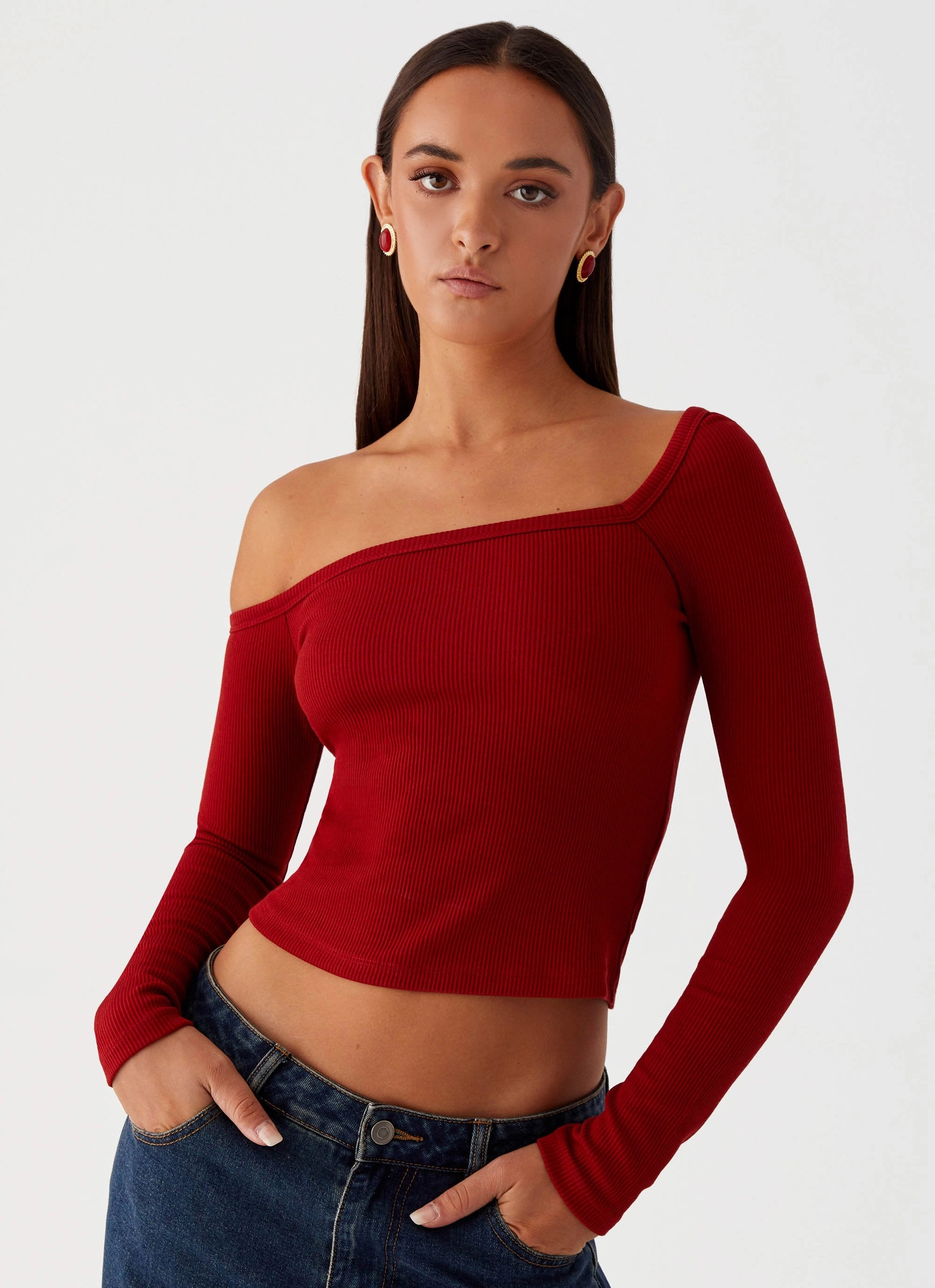 Talia Asymmetric Long Sleeve Top - Red Neutral Tone Palette