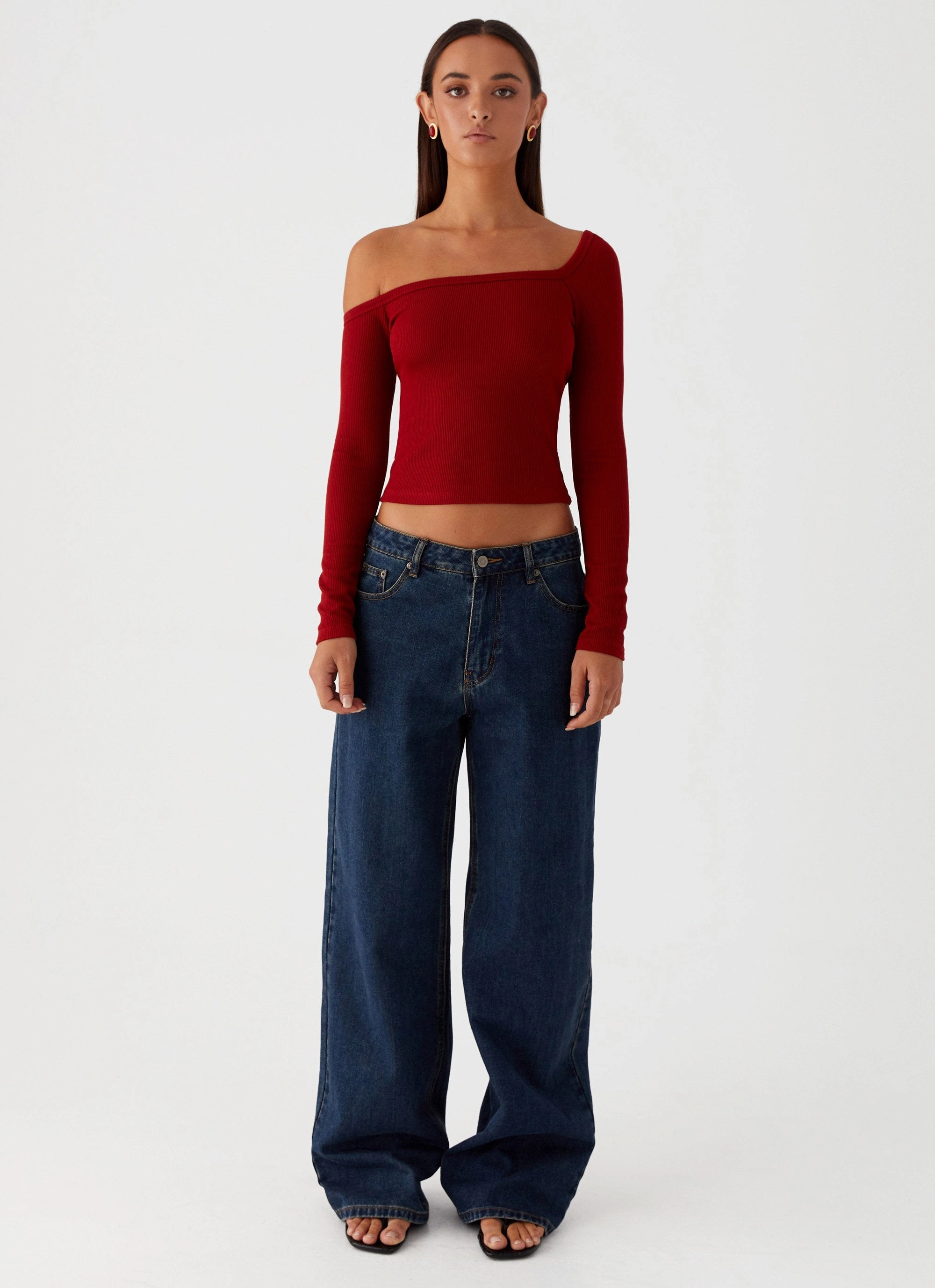 Talia Asymmetric Long Sleeve Top - Red WrinkleResistant Fabric