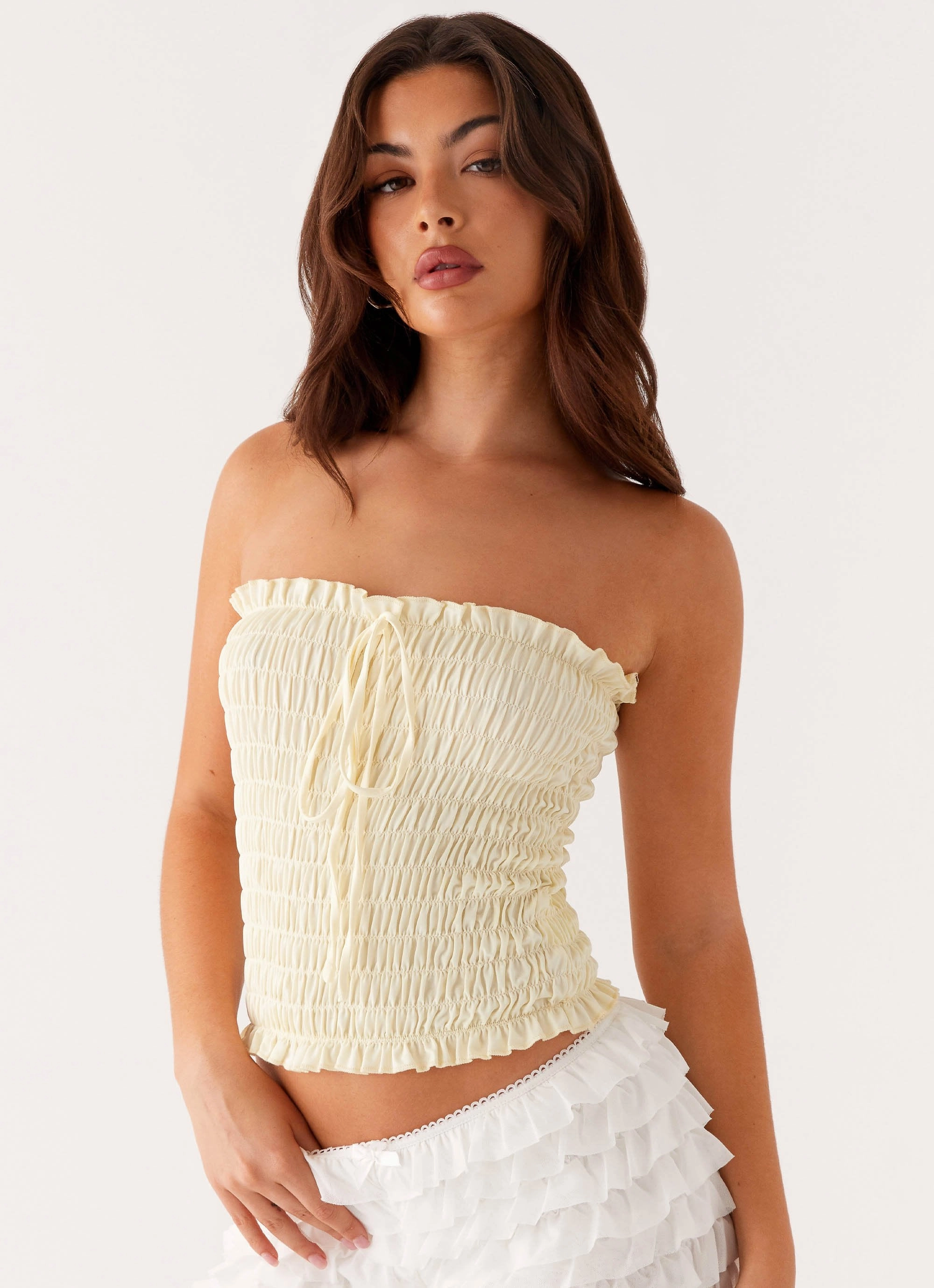 Tagless Neckline Design Butter Soft Handfeel Cordelia Shirred Tube Top - Lemon