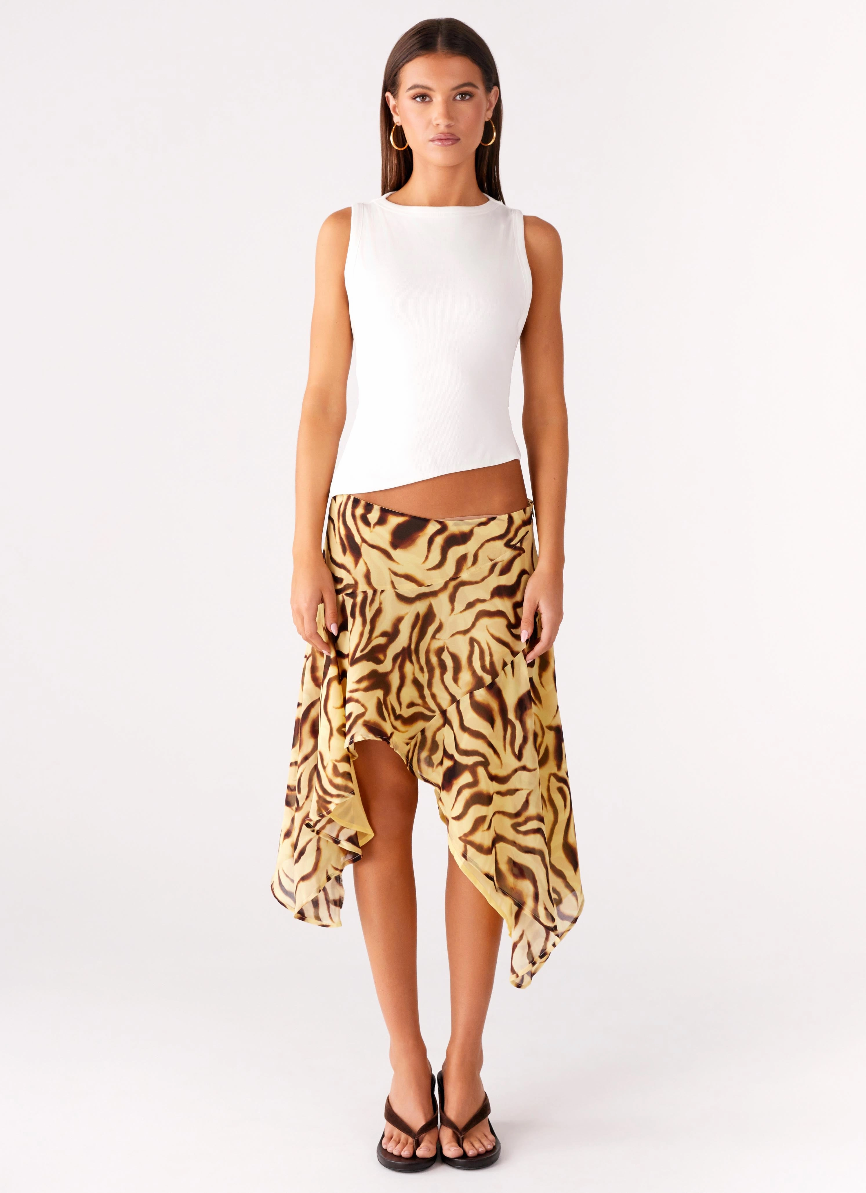 Kia Low Rise Asymmetrical Midi Skirt - Laguna Print Comfort Base