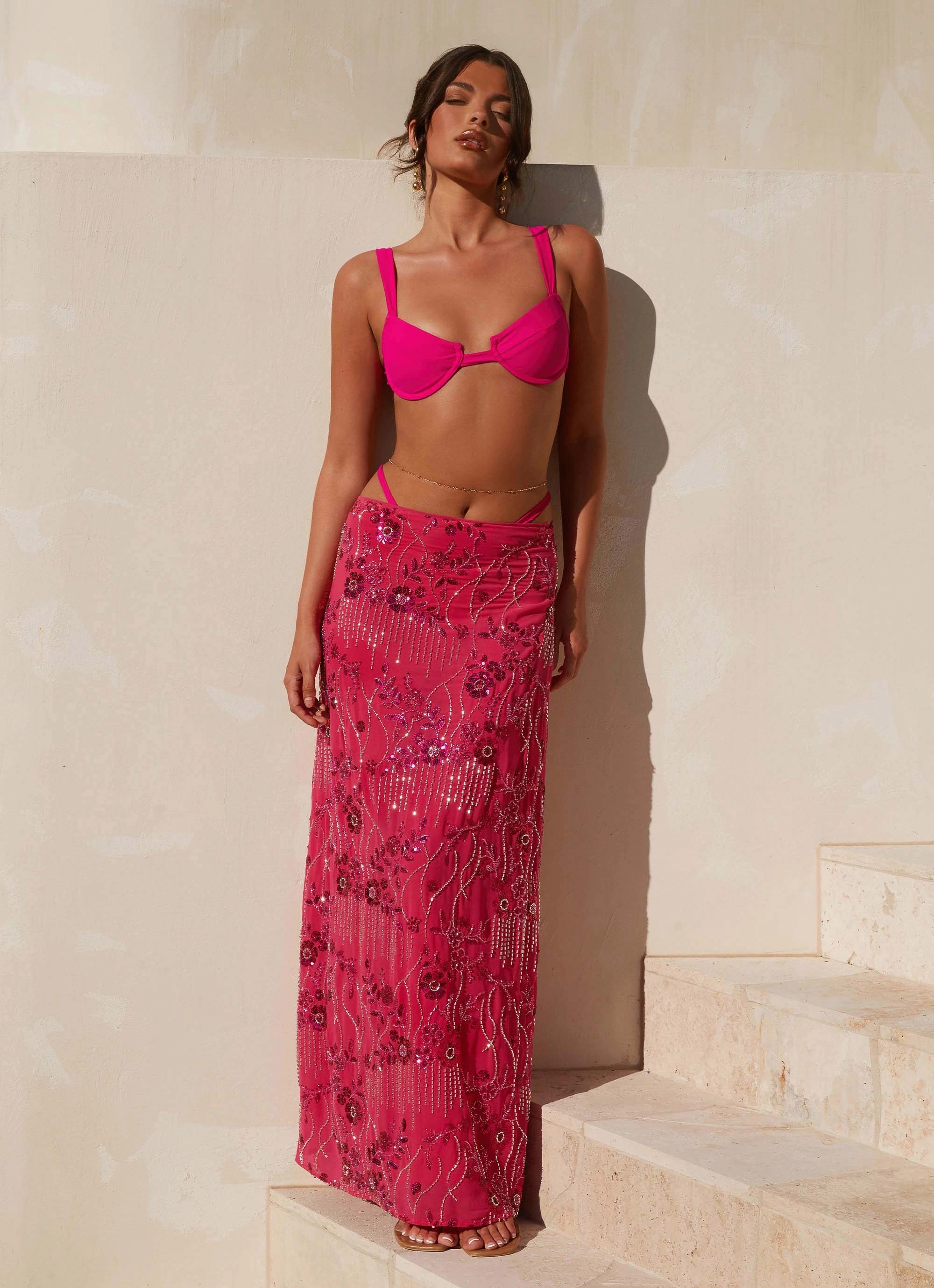 Corinna Low Rise Sequin Maxi Skirt - Fuchsia Flowy Drape