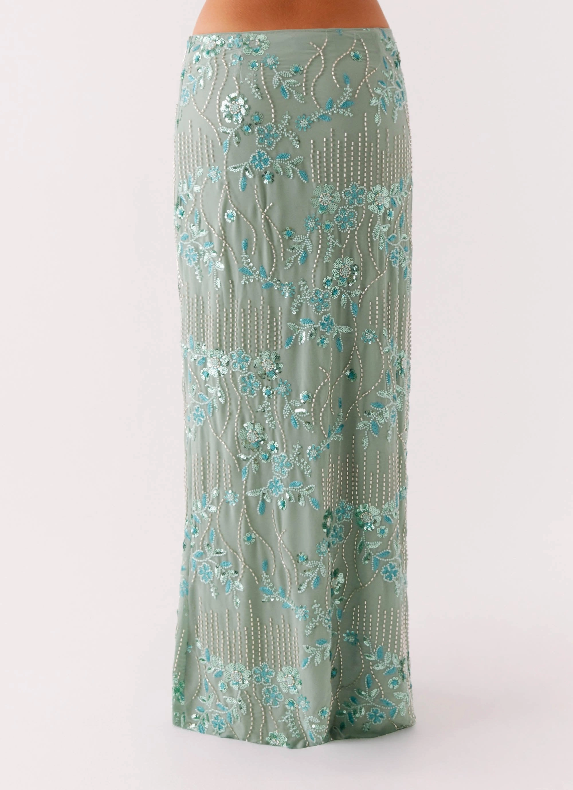 Corinna Low Rise Sequin Maxi Skirt - Mint Outfit Mood button detail