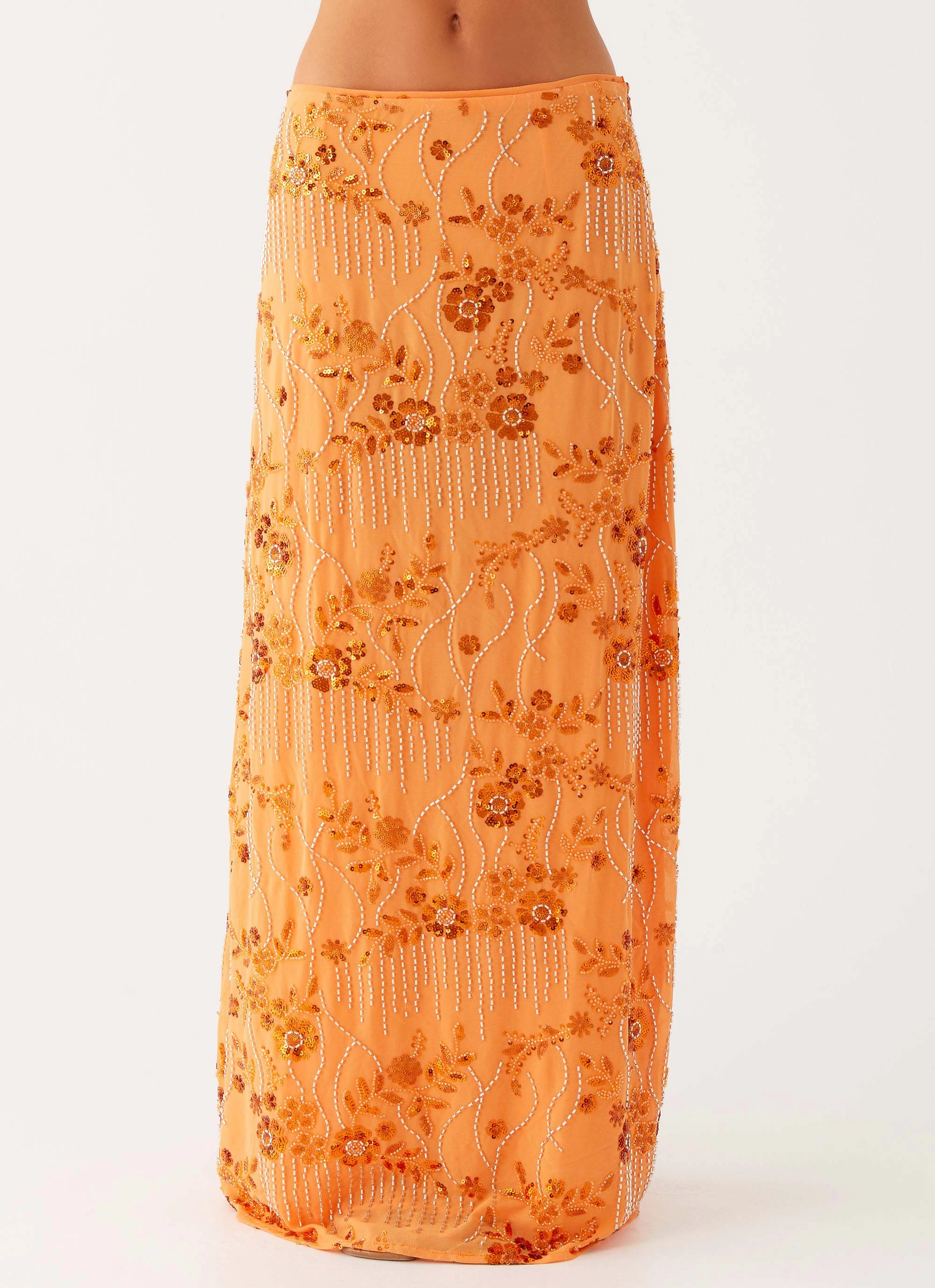 StretchFabric Corinna Low Rise Sequin Maxi Skirt - Orange