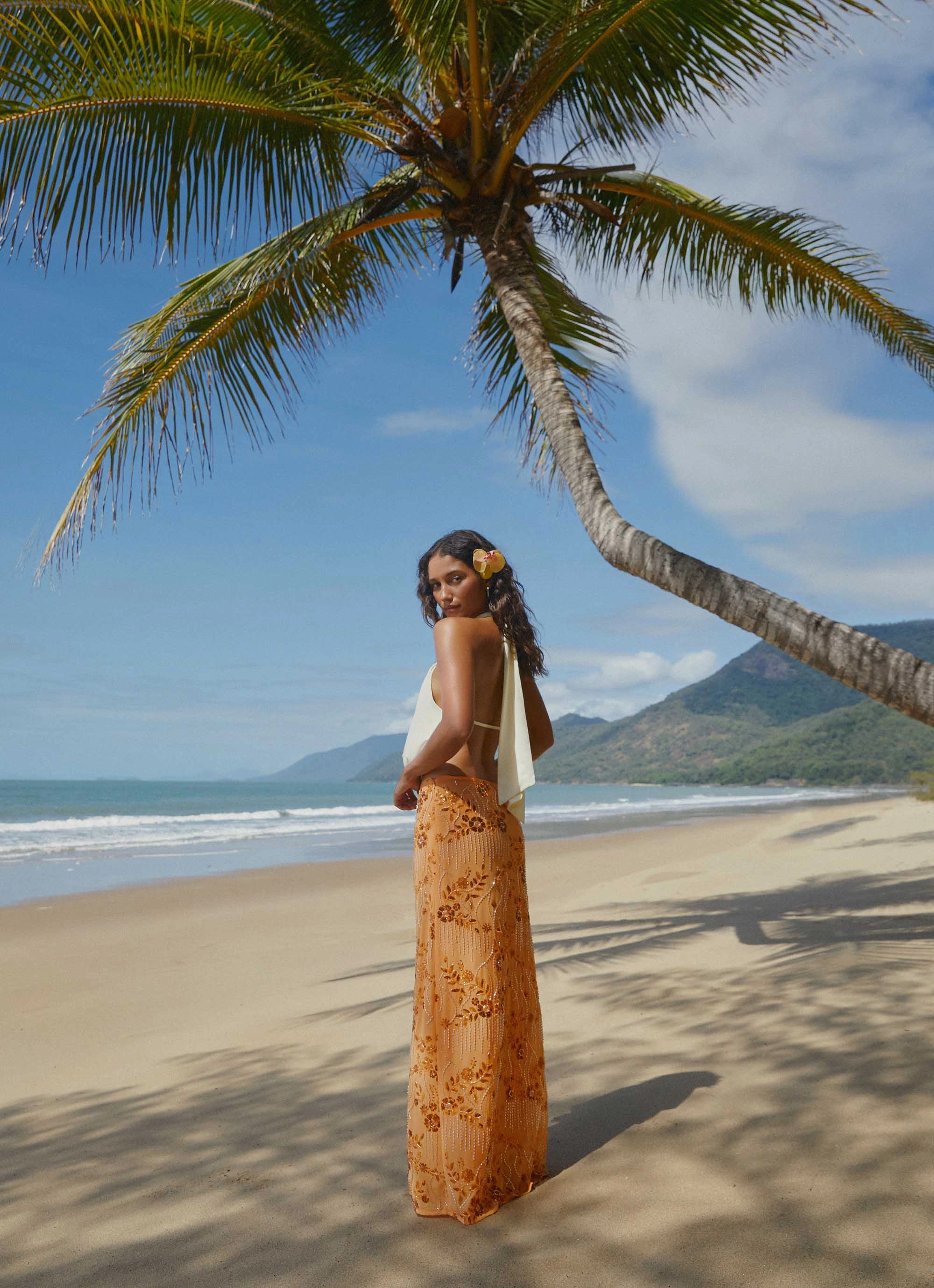 HighRiseWaist Corinna Low Rise Sequin Maxi Skirt - Orange