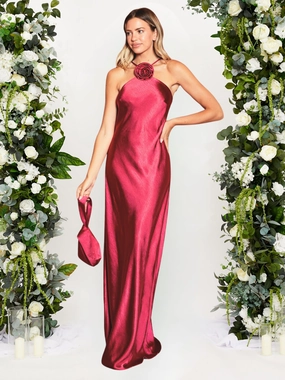 Corsage Detail Satin Maxi Dress / Claret Petite Chic