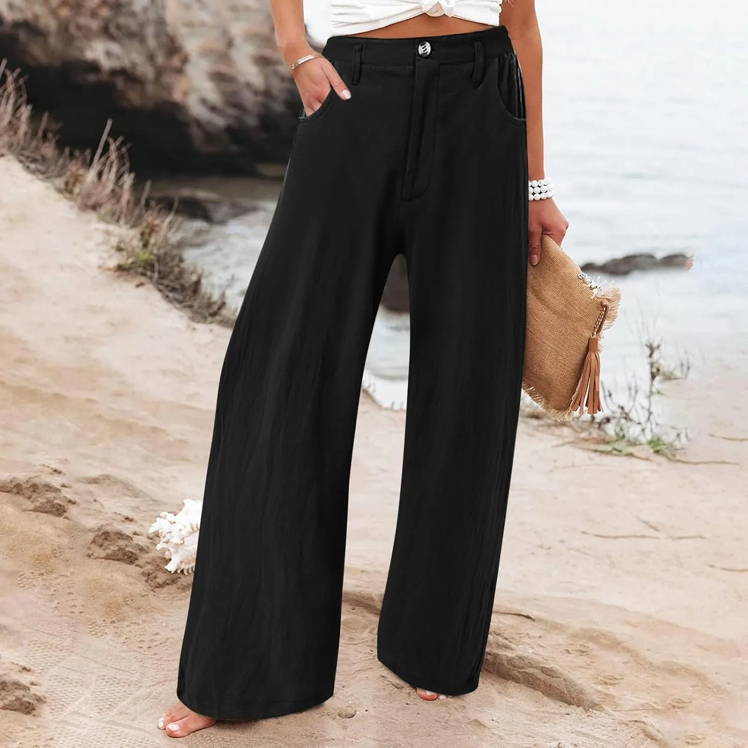 Cotton Linen Pants Women Summer High Waisted Wide Leg Pants Straight Leg Lounge Pants Fashion Palazzo Pants