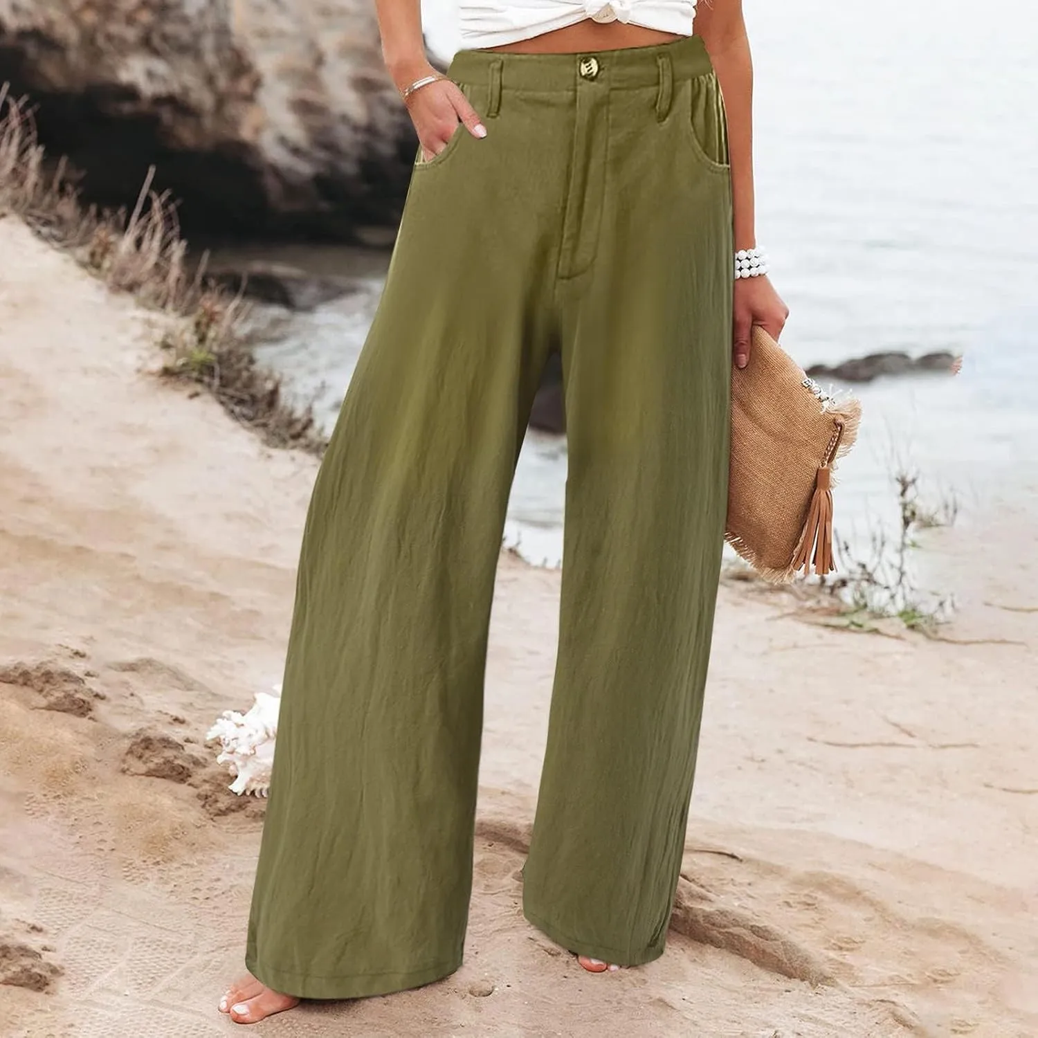 Cotton Linen Pants Women Summer High Waisted Wide Leg Pants Straight Leg Lounge Pants Fashion Palazzo Pants