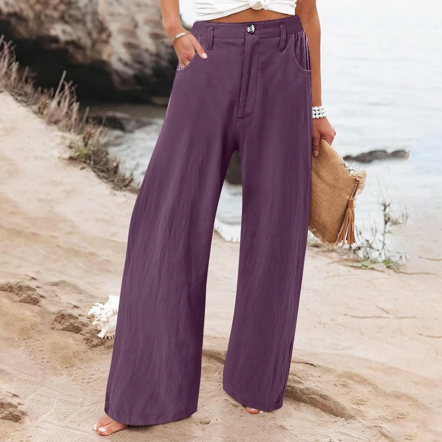 Cotton Linen Pants Women Summer High Waisted Wide Leg Pants Straight Leg Lounge Pants Fashion Palazzo Pants