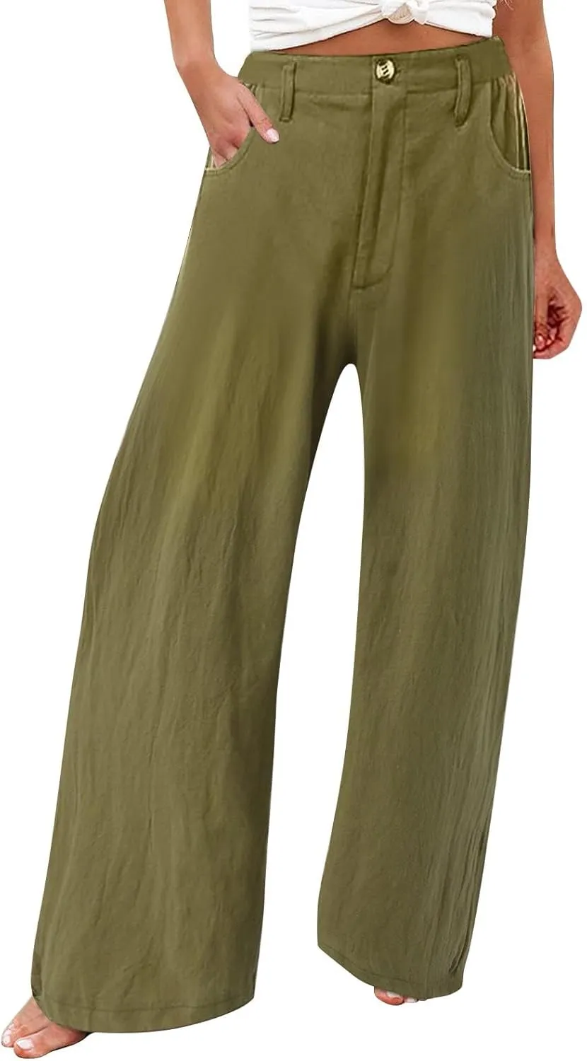 Cotton Linen Pants Women Summer High Waisted Wide Leg Pants Straight Leg Lounge Pants Fashion Palazzo Pants
