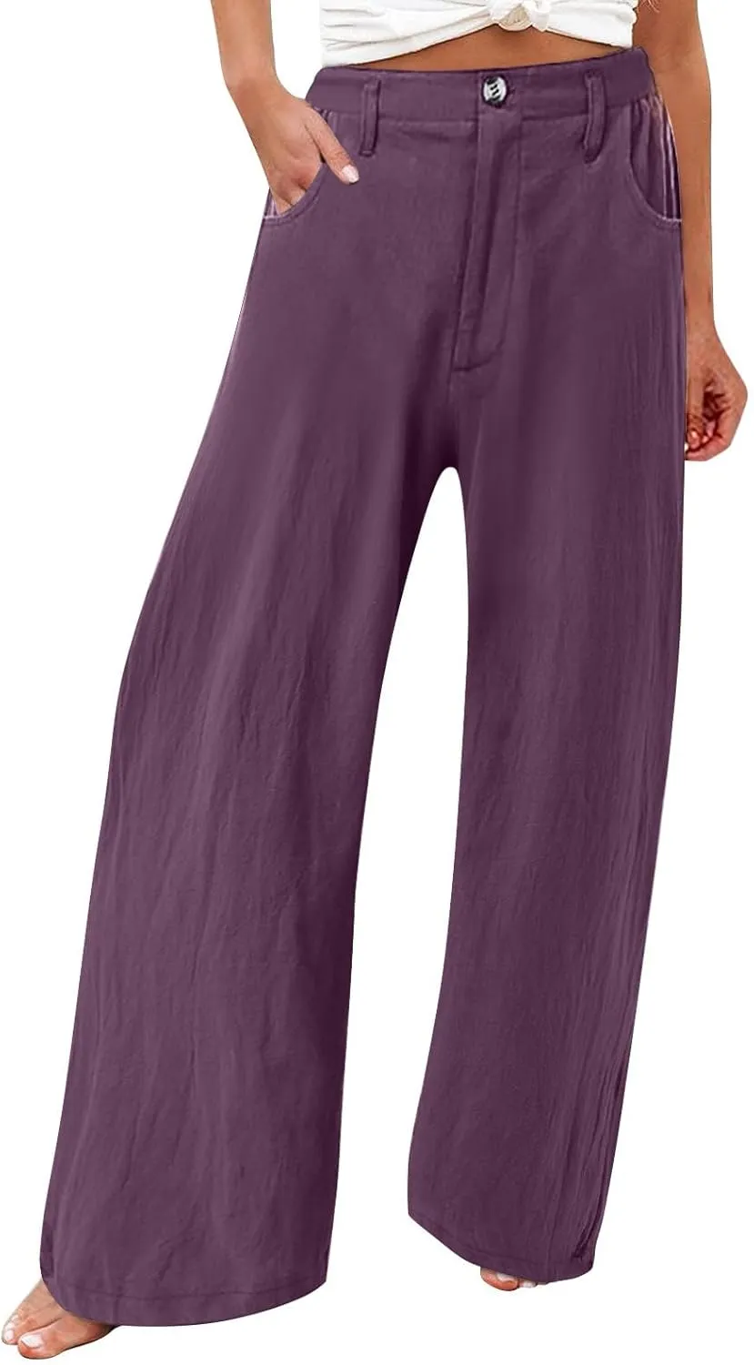 Cotton Linen Pants Women Summer High Waisted Wide Leg Pants Straight Leg Lounge Pants Fashion Palazzo Pants