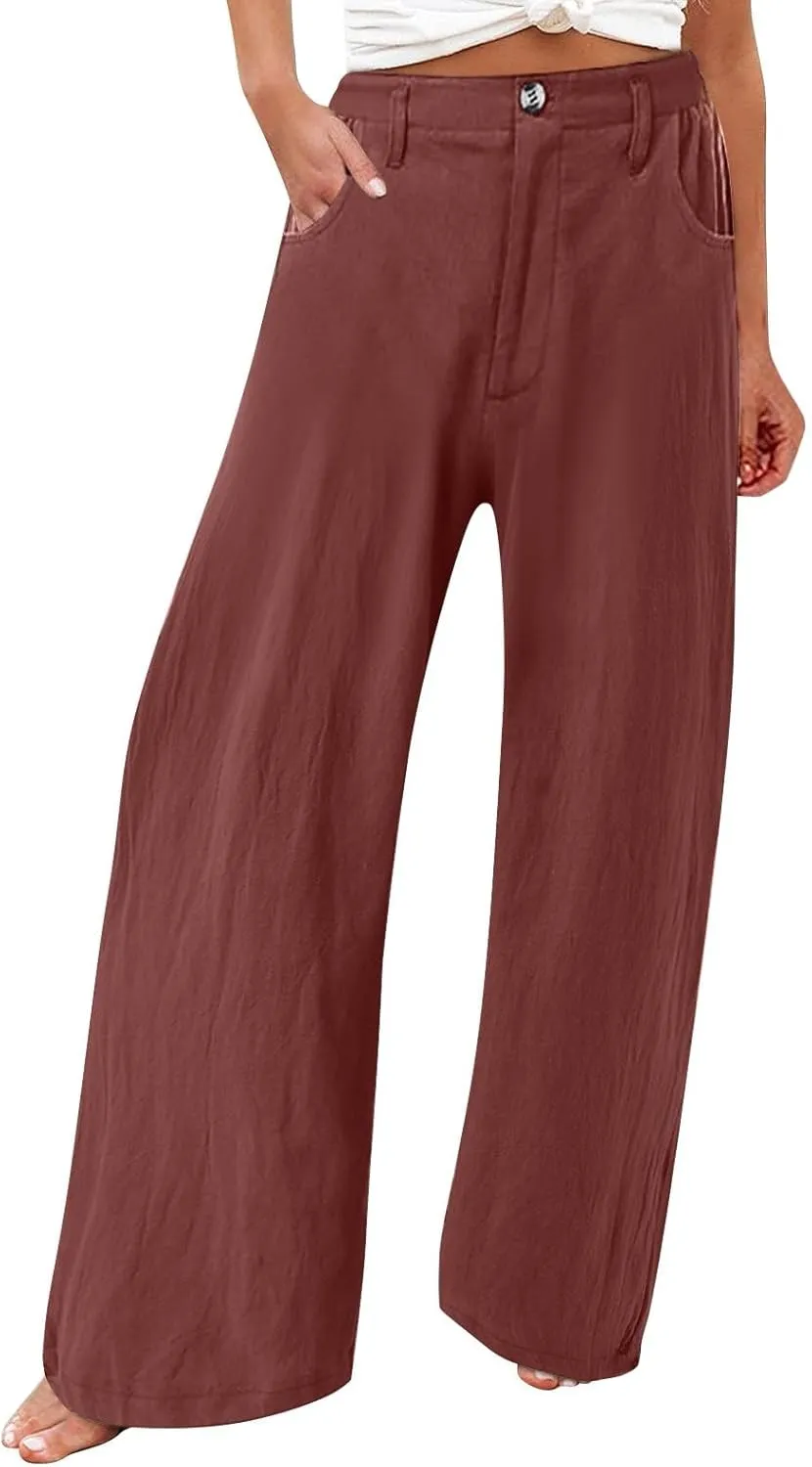 Cotton Linen Pants Women Summer High Waisted Wide Leg Pants Straight Leg Lounge Pants Fashion Palazzo Pants